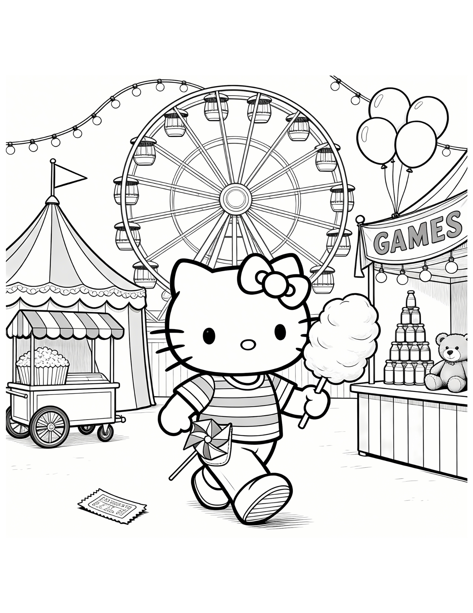 Hello Kitty at the Carnival with Cotton Candy - Black and White Coloring Page