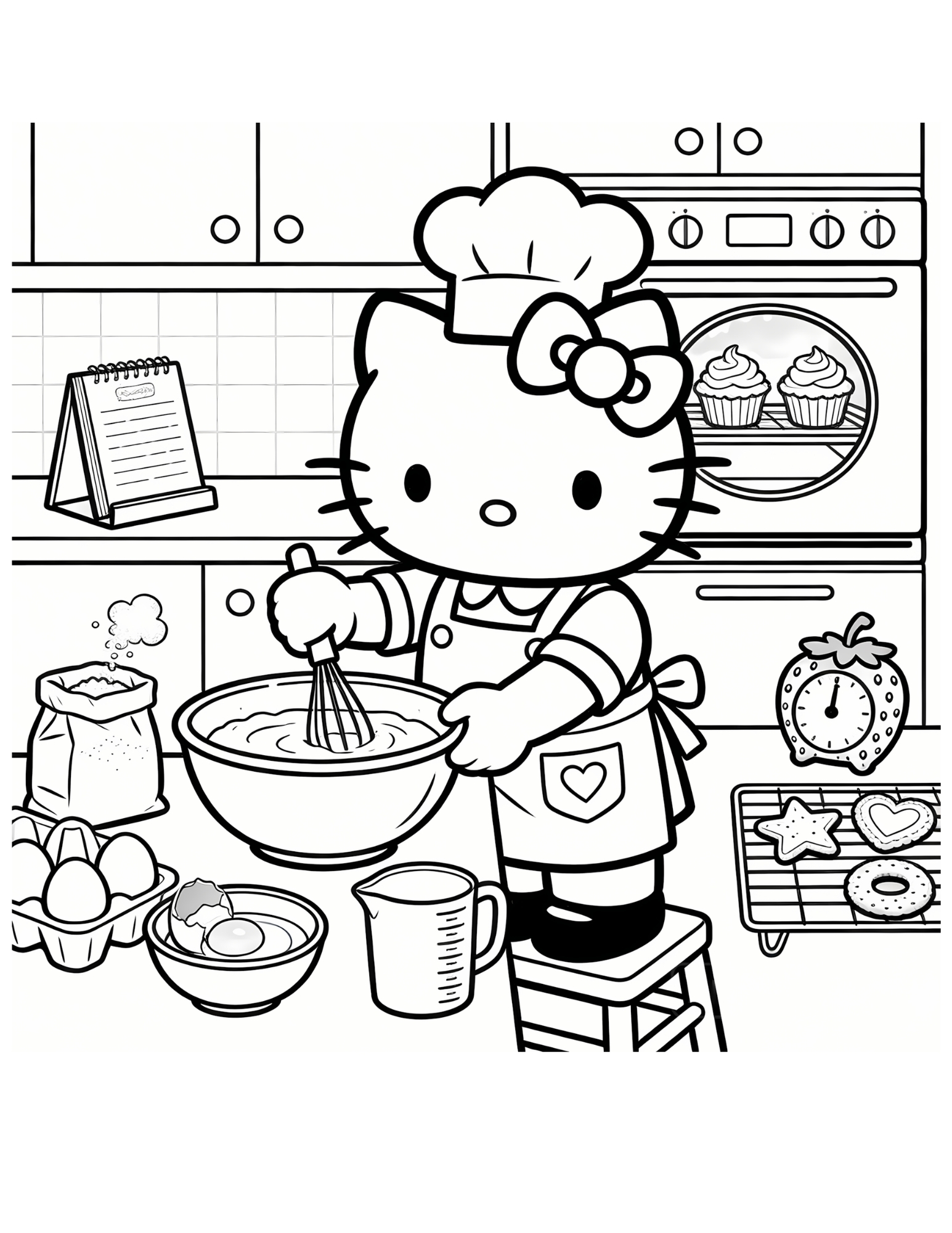 Hello Kitty Chef Baking in the Kitchen - Black and White Coloring Page
