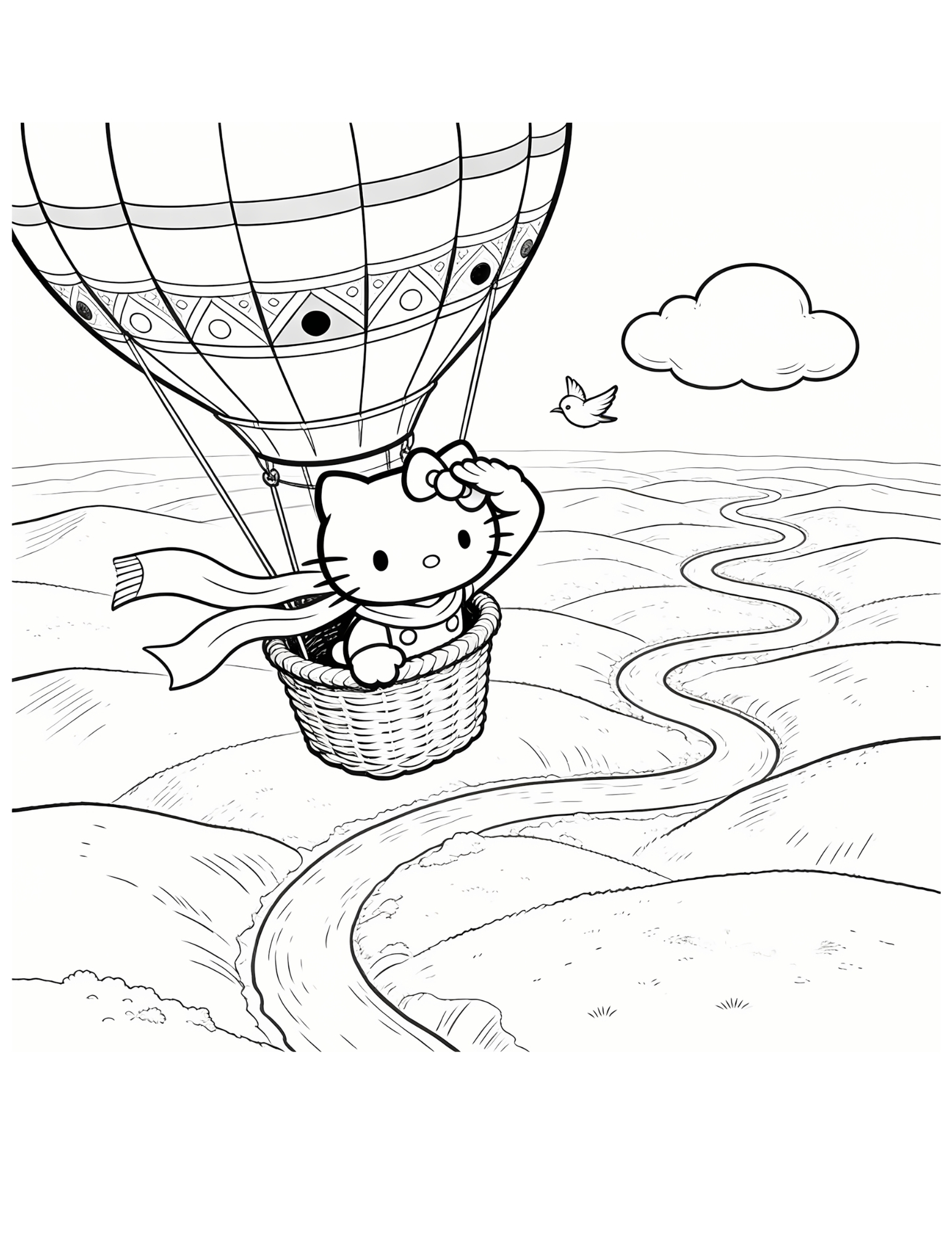 Hello Kitty in a Hot Air Balloon Adventure - Black and White Coloring Page