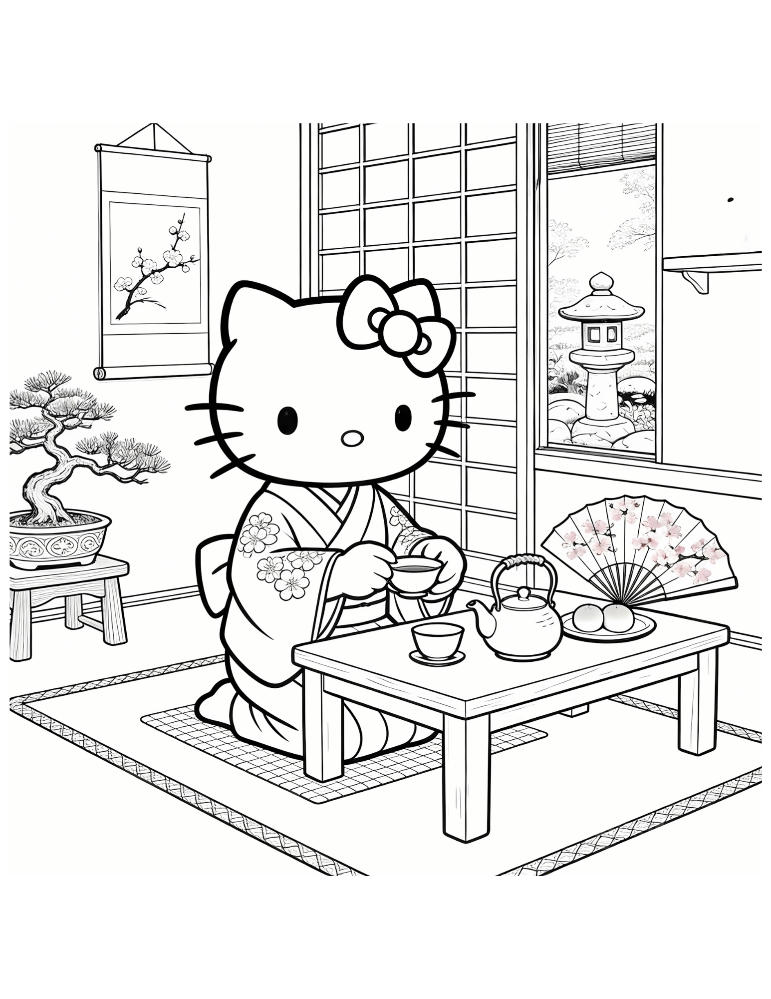 Hello Kitty in Kimono at Japanese Tea Ceremony - Black and White Coloring Page