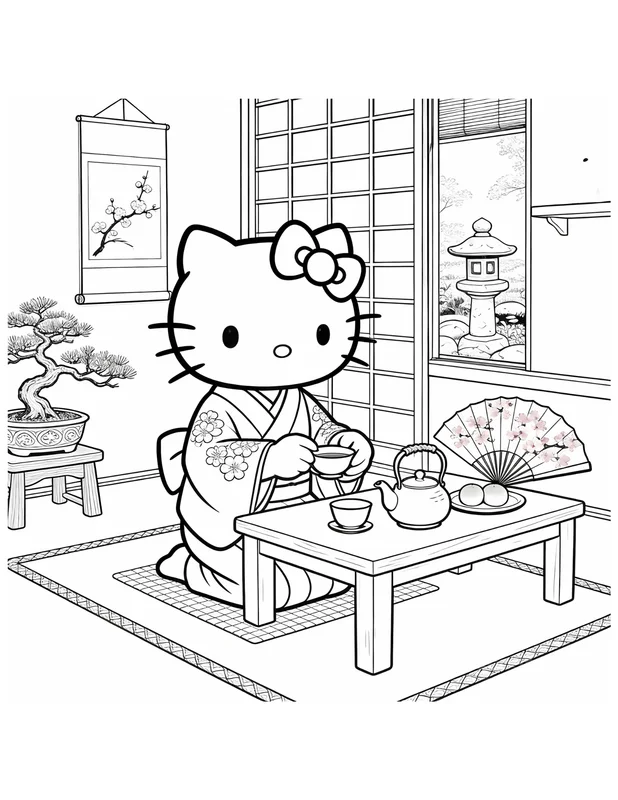 Hello Kitty in Kimono at Japanese Tea Ceremony Coloring Page
