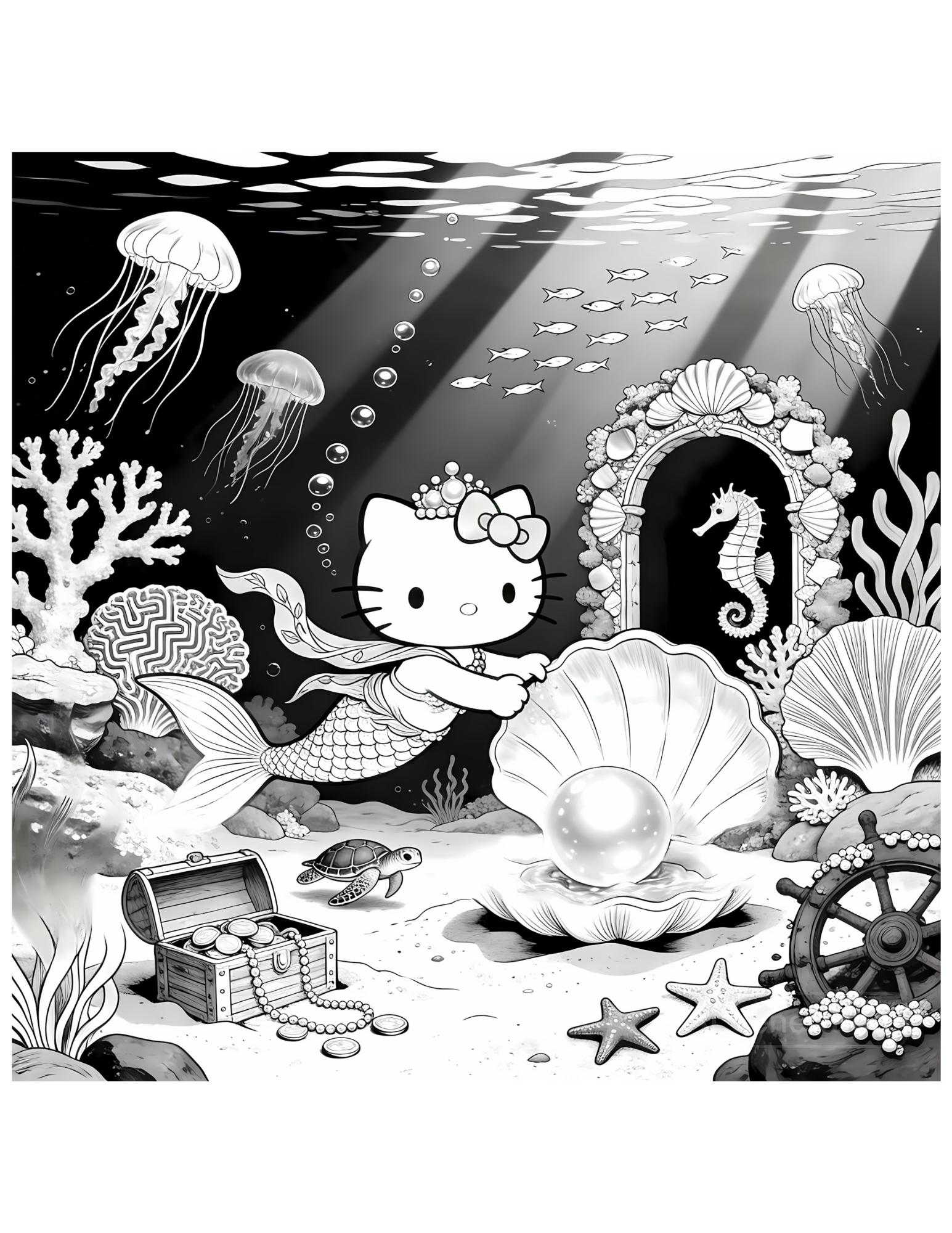 Hello Kitty Mermaid Underwater Kingdom - Black and White Coloring Page