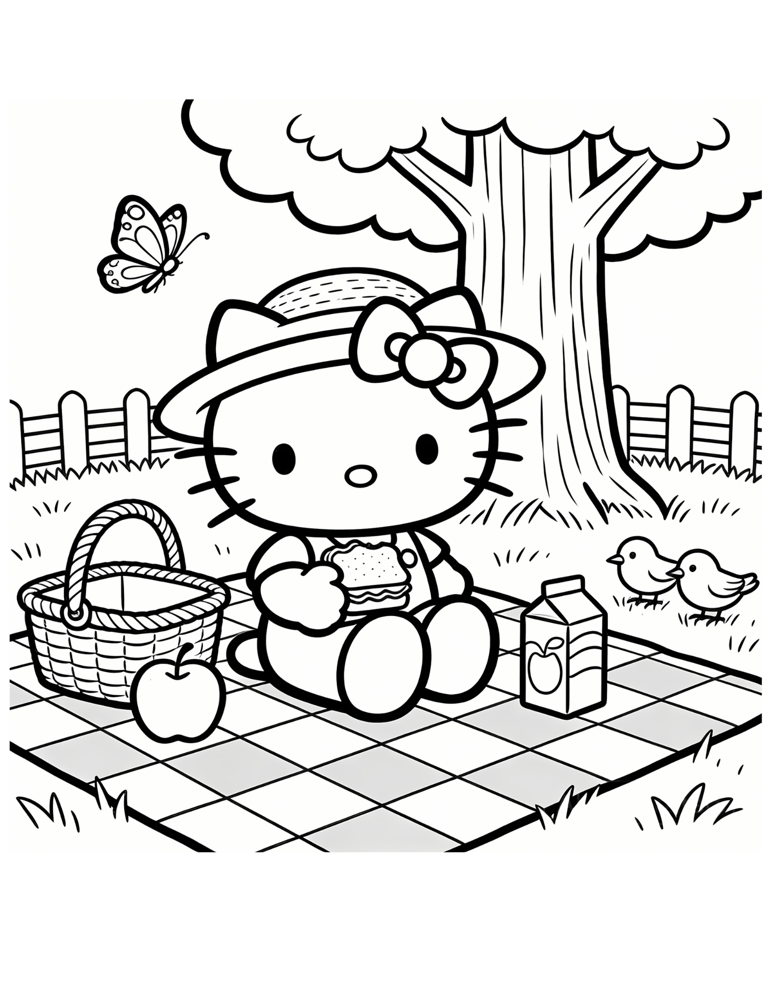 Hello Kitty Picnic Under a Tree - Black and White Coloring Page