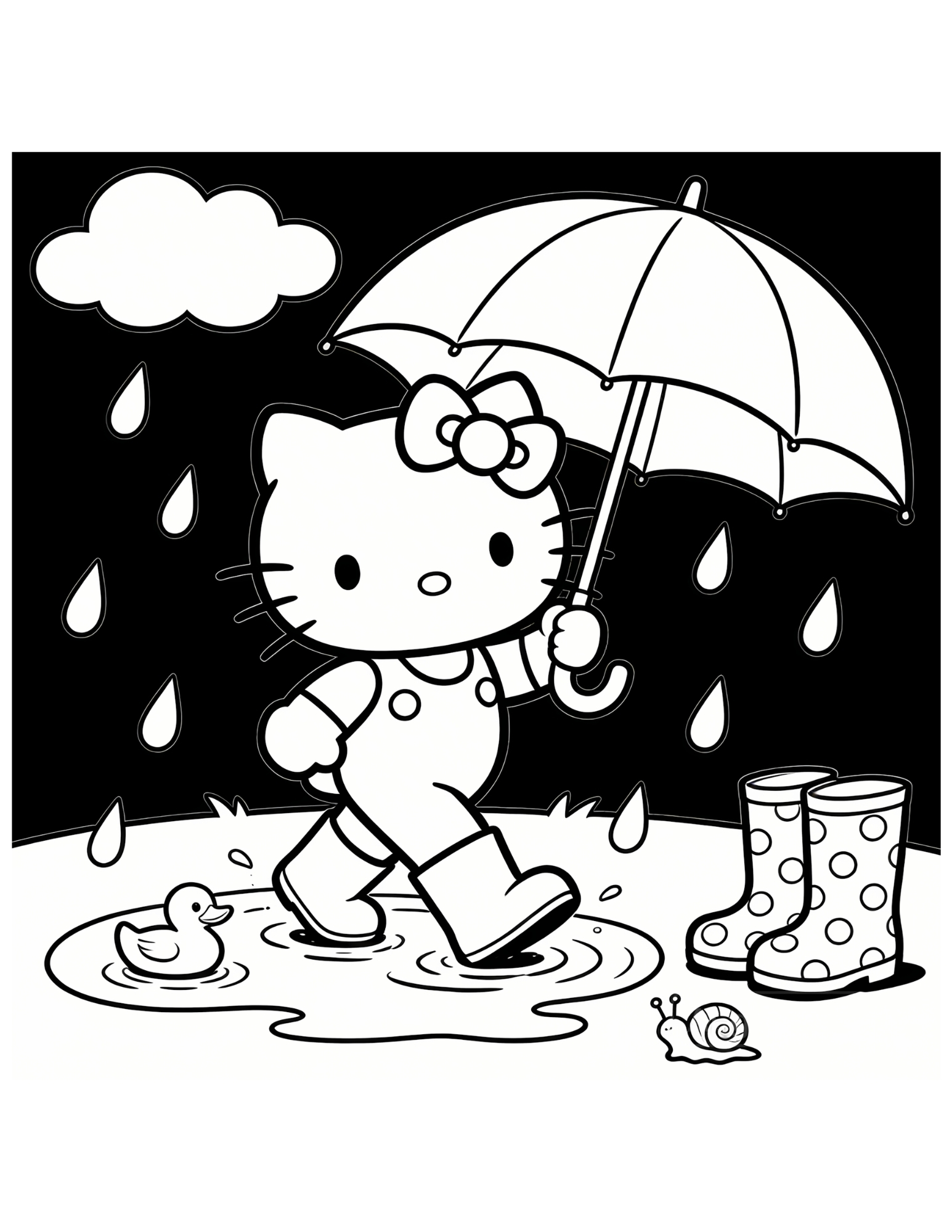 Hello Kitty Splashing in Rain Puddles with Umbrella - Black and White Coloring Page