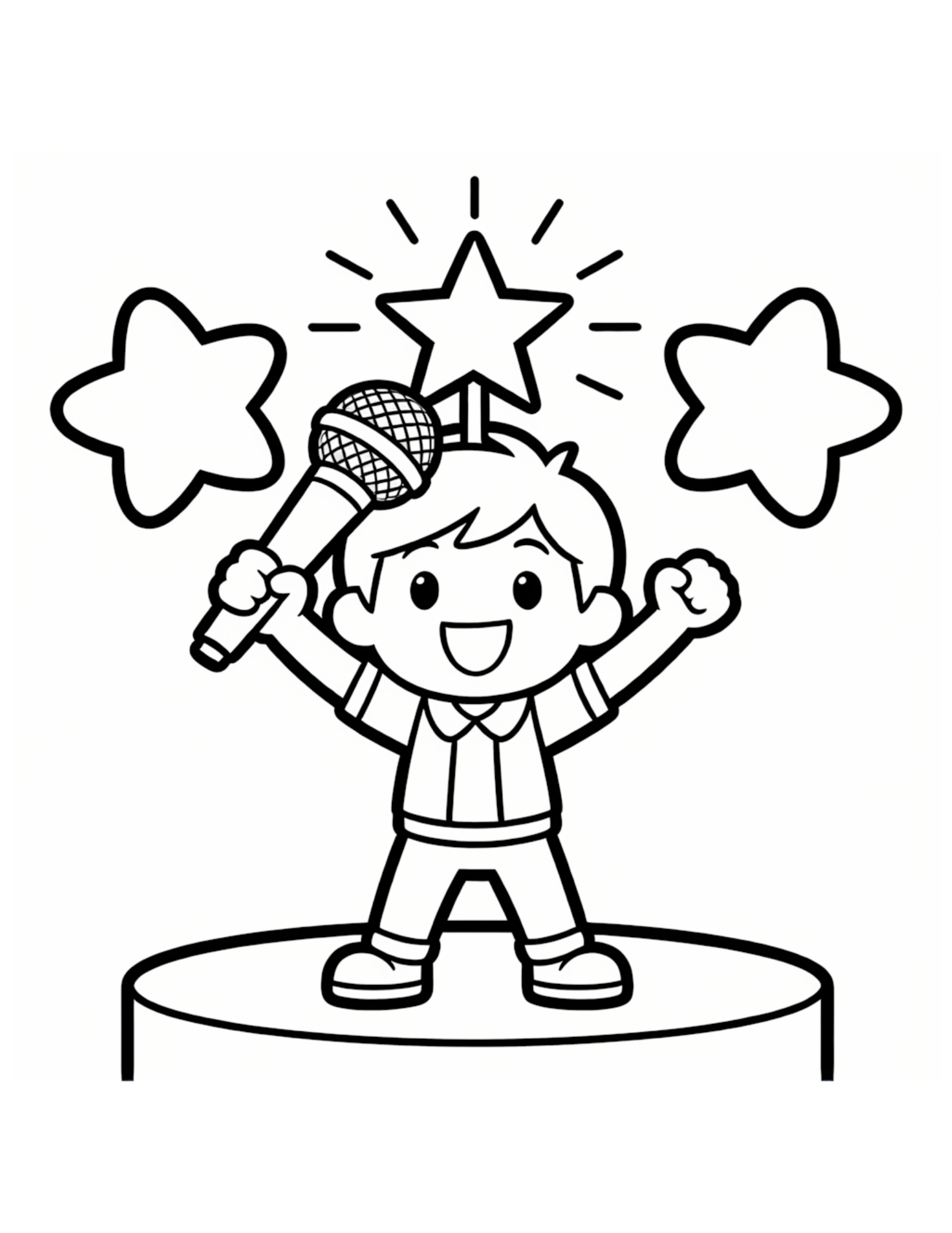 Chibi K-pop Boy Idol on Stage with Microphone - Black and White Coloring Page