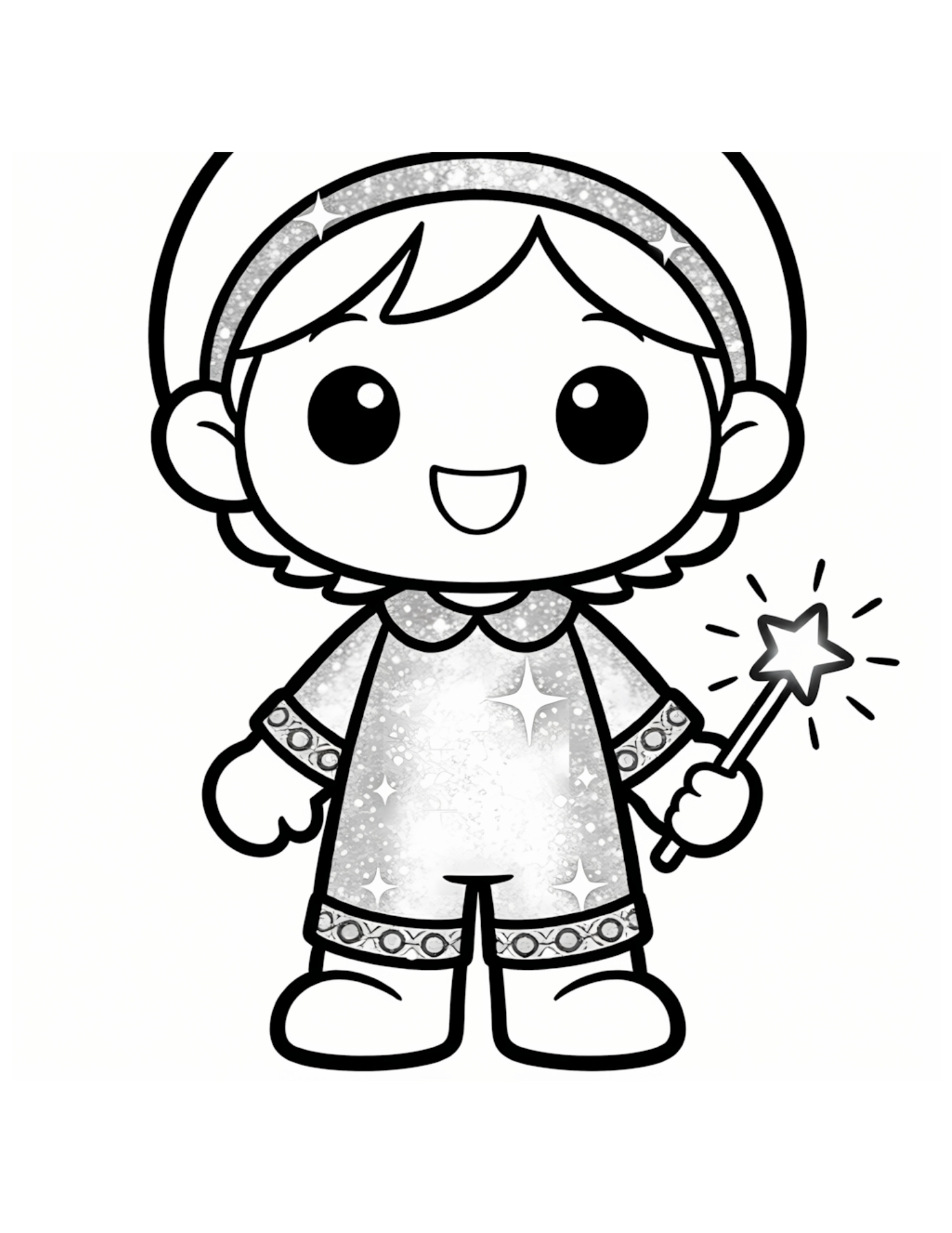 Chibi K-pop Girl Idol in Sparkly Stage Costume with Star Wand - Black and White Coloring Page