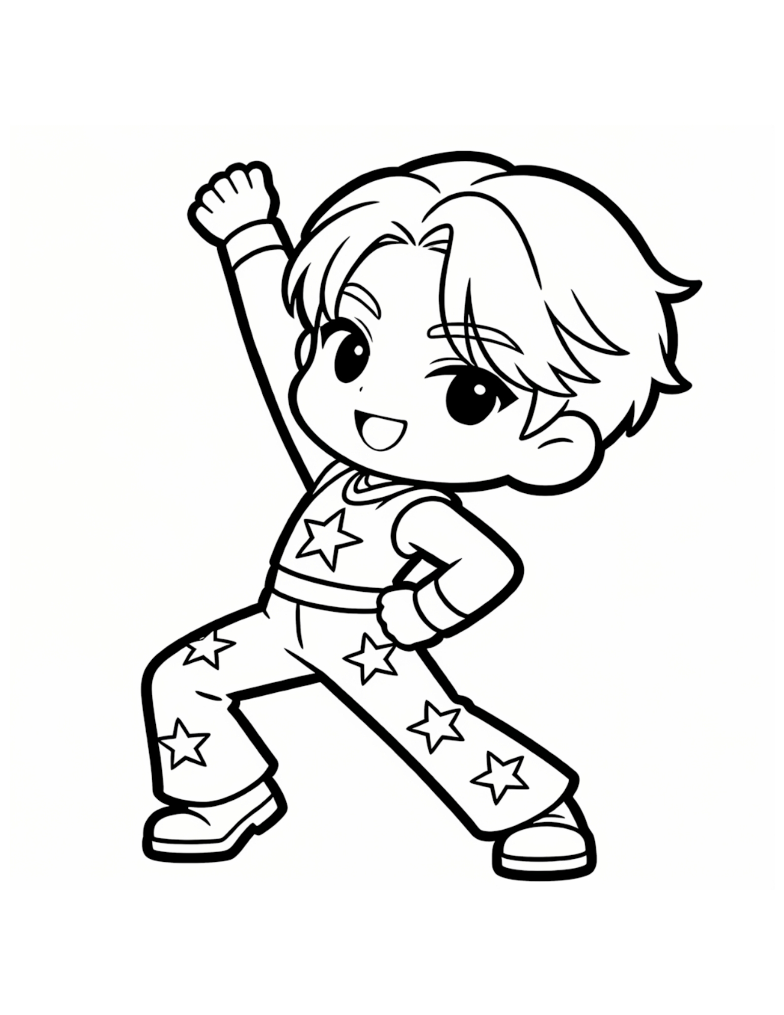 Chibi K-pop Idol Dancing in Star-Print Outfit - Black and White Coloring Page
