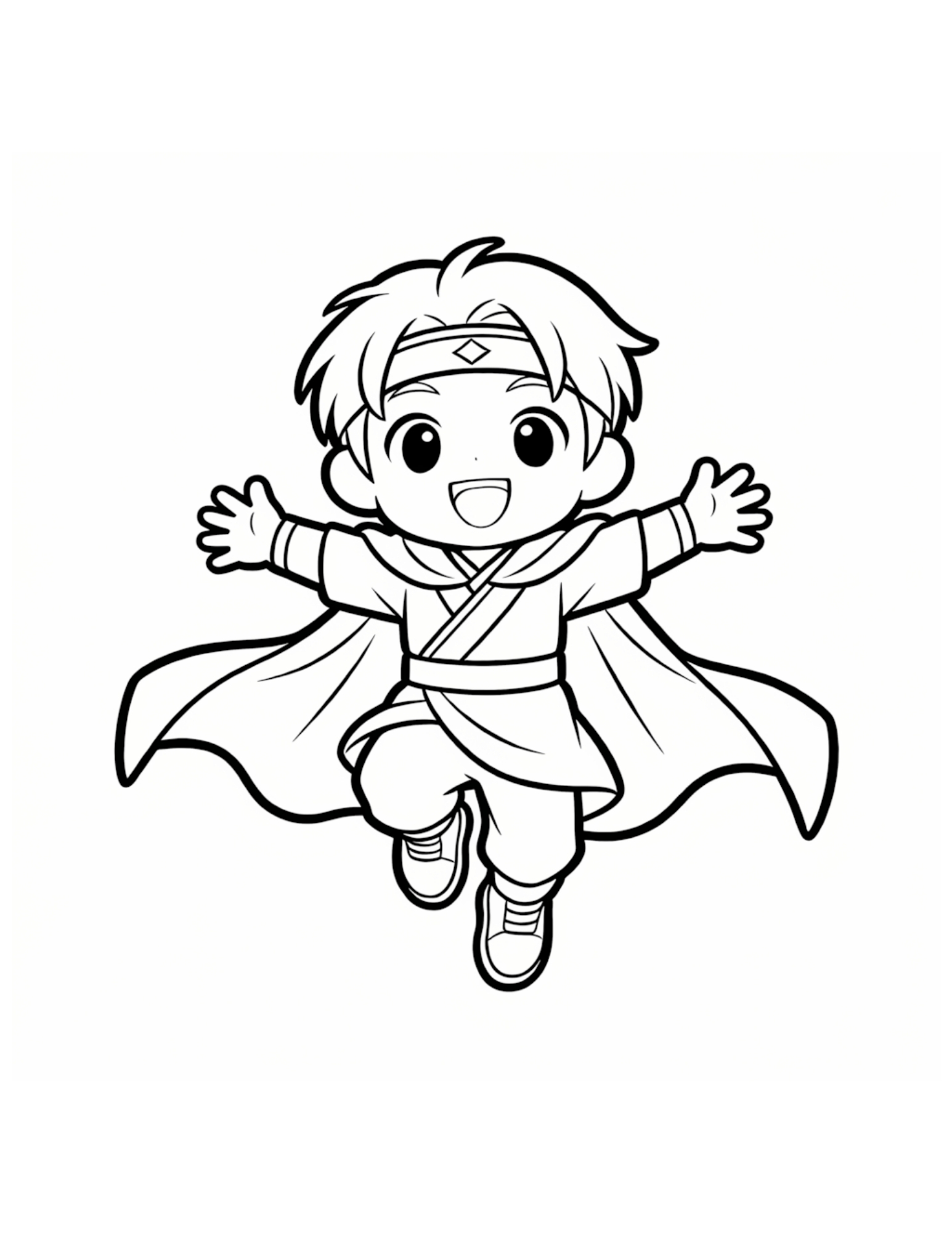 Chibi K-pop Idol Leaping in Kimono-Style Cape - Black and White Coloring Page