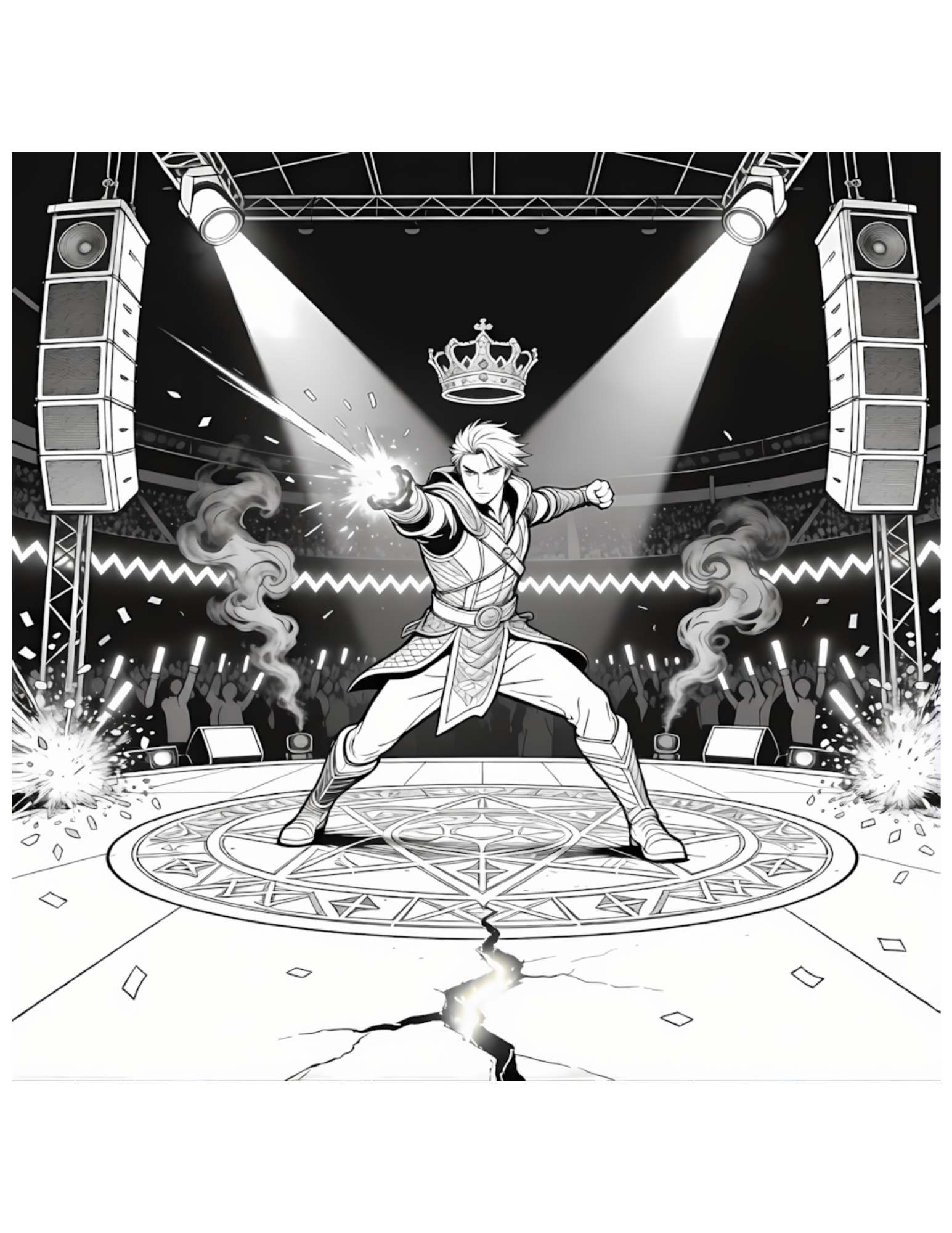Crown-Wearing K-pop Idol King Unleashing Energy on Concert Stage - Black and White Coloring Page