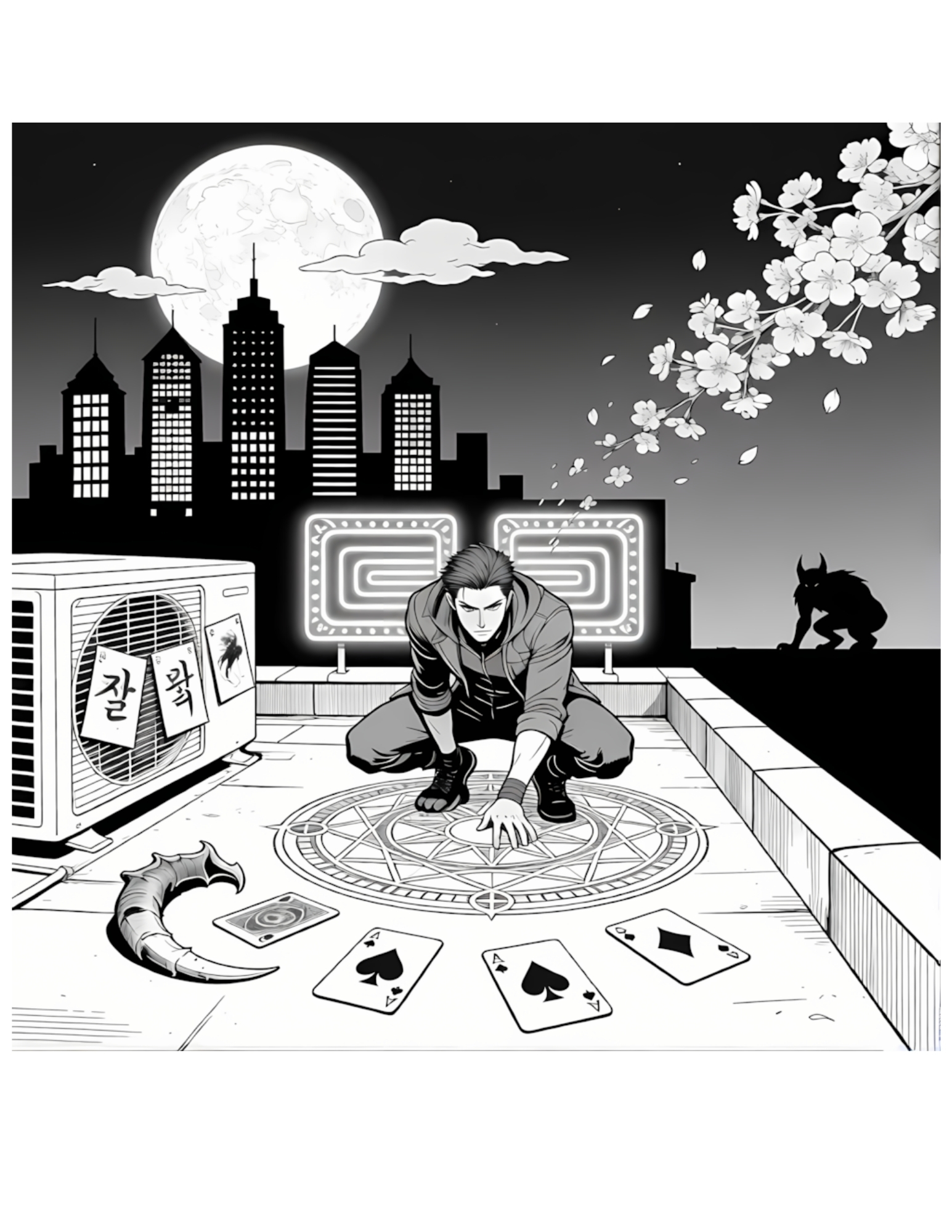 Dark K-pop Concept Idol Activating Magic Circle on Rooftop - Black and White Coloring Page