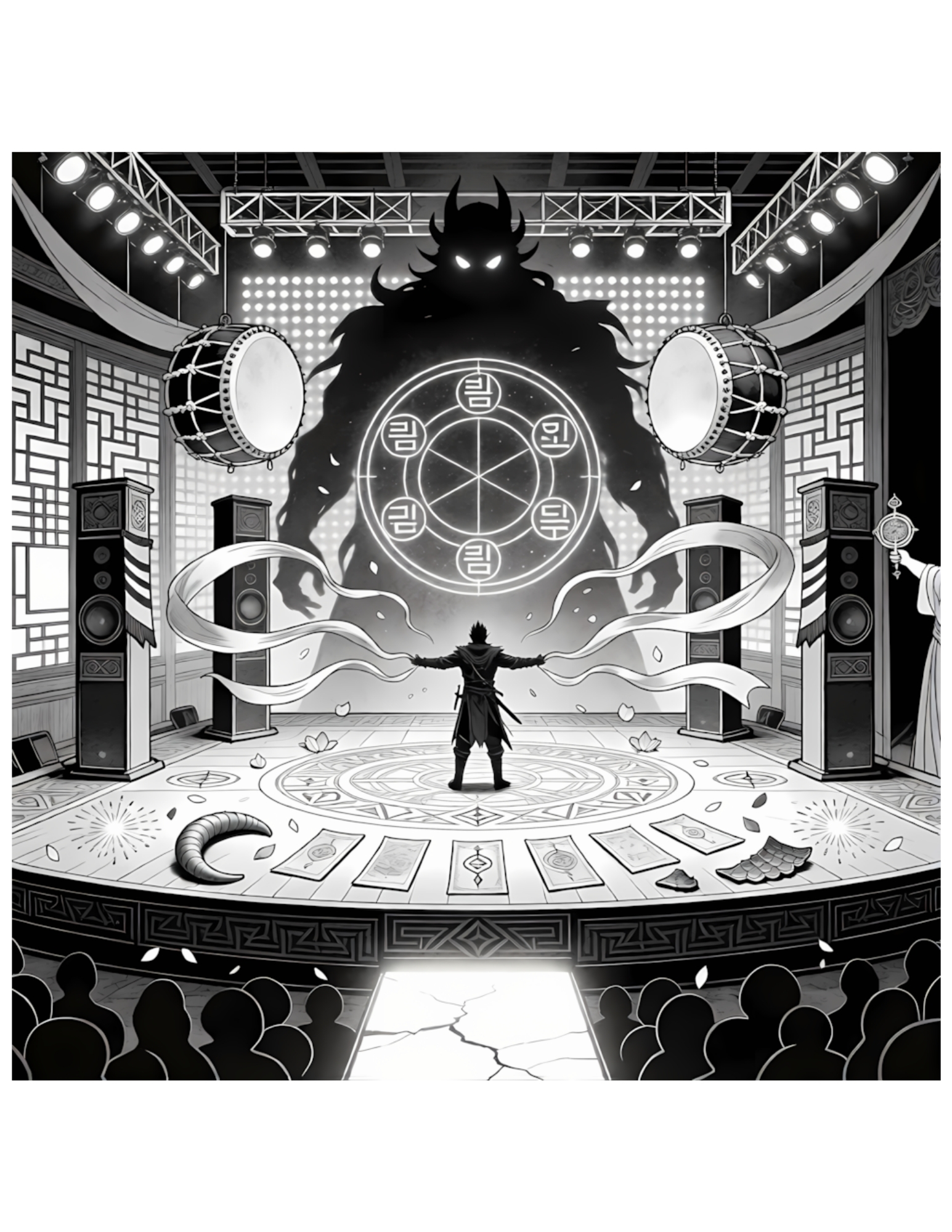 Epic K-pop Concert Stage with Idol Facing Giant Demon Shadow - Black and White Coloring Page