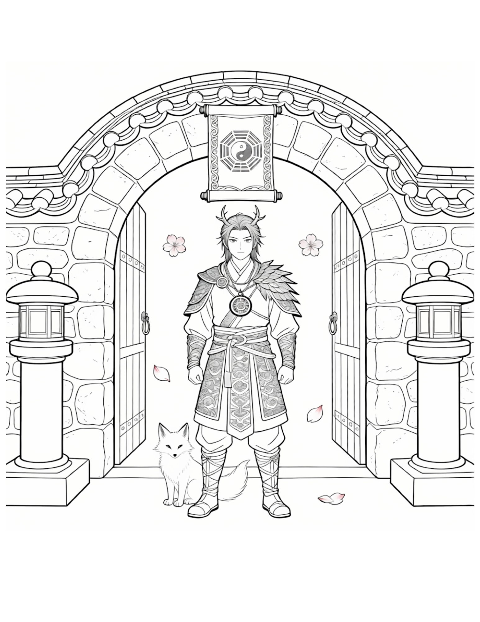 Fantasy K-pop Idol in Traditional Korean Armor with White Fox - Black and White Coloring Page