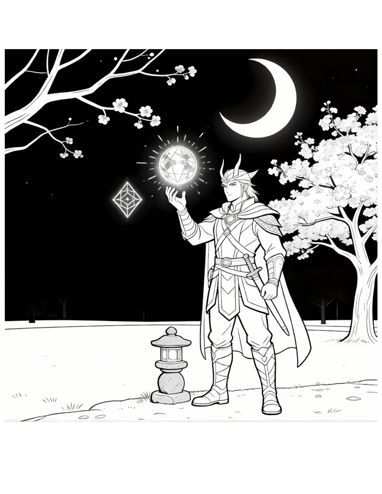 Fantasy K-pop Warrior Holding Glowing Crystal Orb Under Crescent Moon - Black and White Coloring Page
