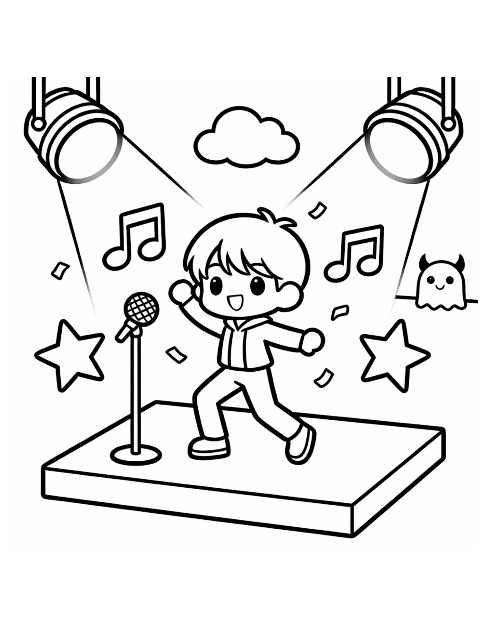 K-pop Idol Dancing Under Stage Spotlights with Confetti - Black and White Coloring Page