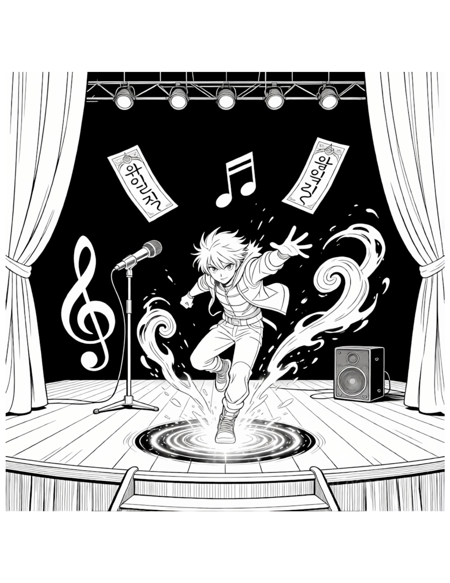 K-pop Idol Performing with Wind Magic Energy on Concert Stage - Black and White Coloring Page