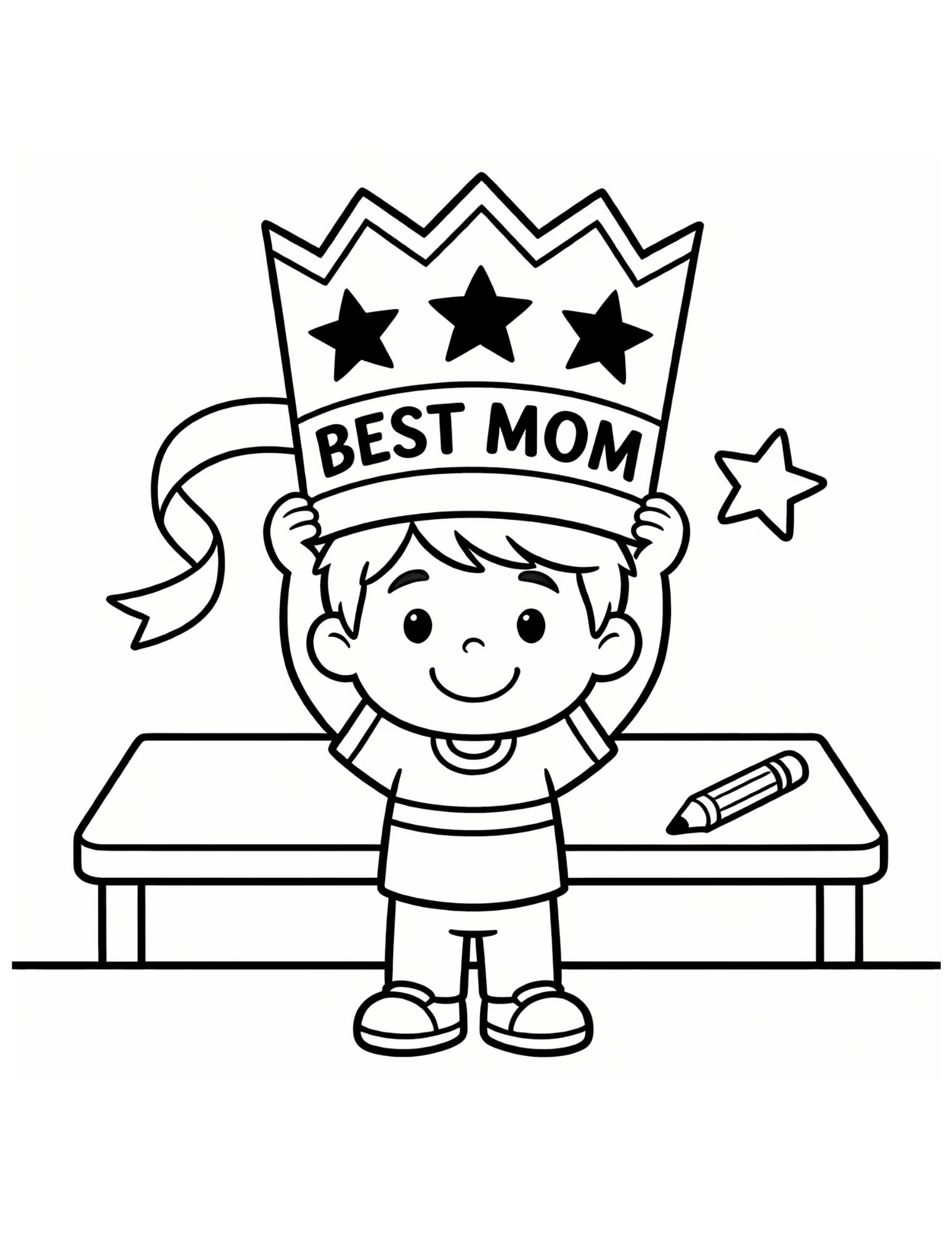 Best Mom Coloring Page — Boy Holding Crown & Stars - Black and White Coloring Page