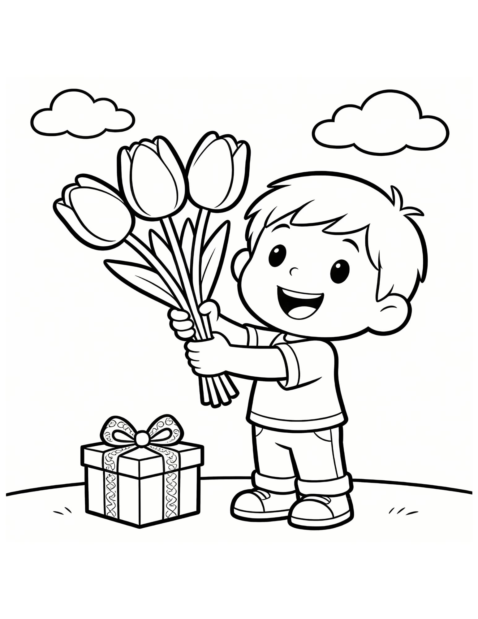 Mothers Day Tulips Coloring Page — Boy Giving Bouquet & Gift - Black and White Coloring Page
