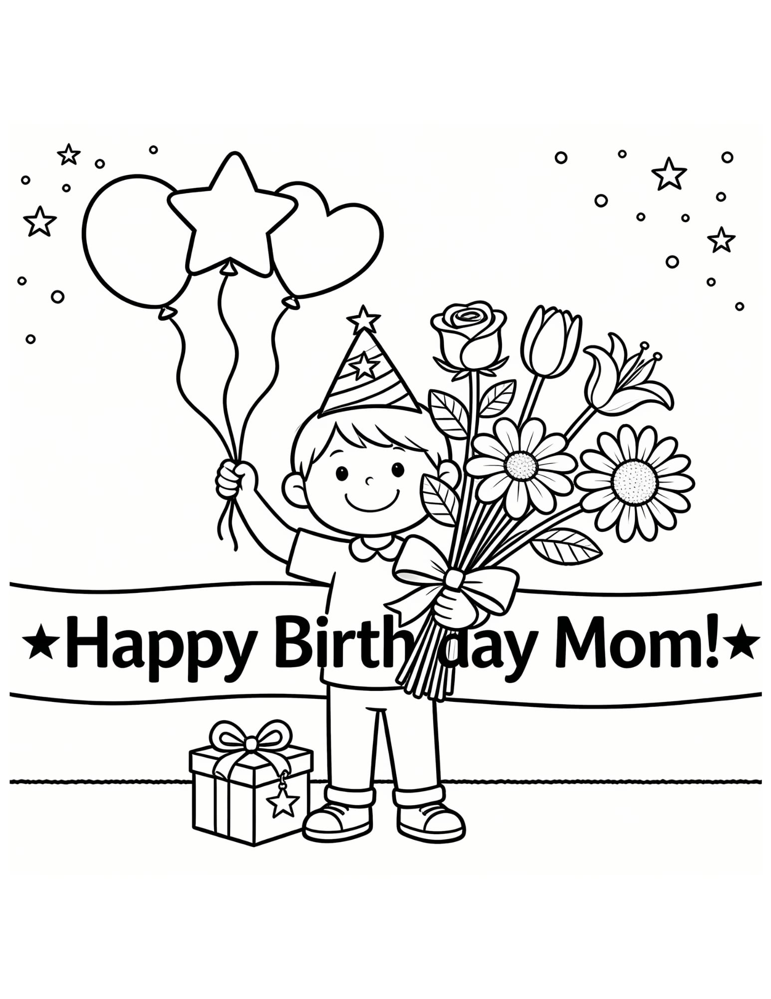 Happy Birthday Mom Coloring Page — Boy with Bouquet & Balloons - Black and White Coloring Page