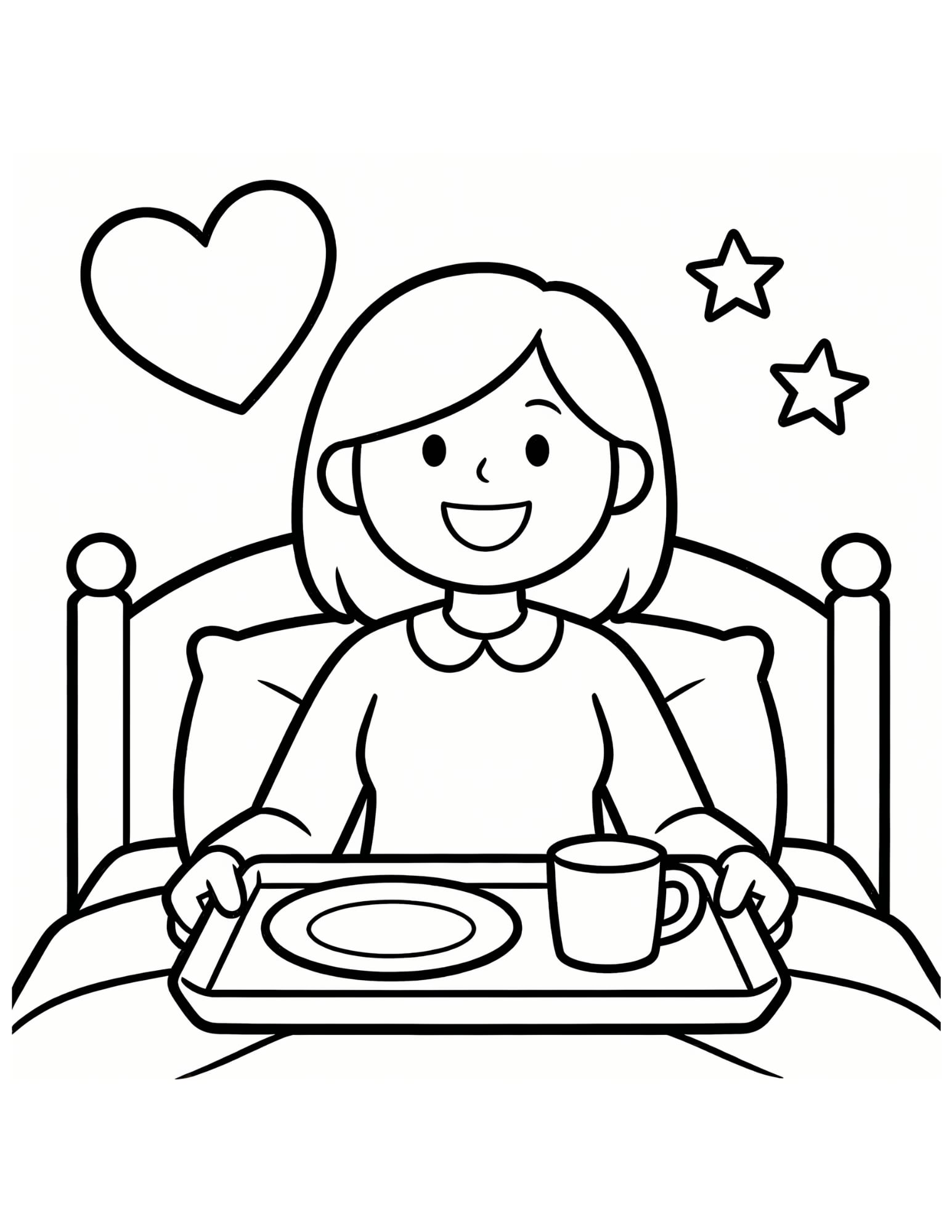Breakfast in Bed Coloring Page — Mom's Morning Tray - Black and White Coloring Page