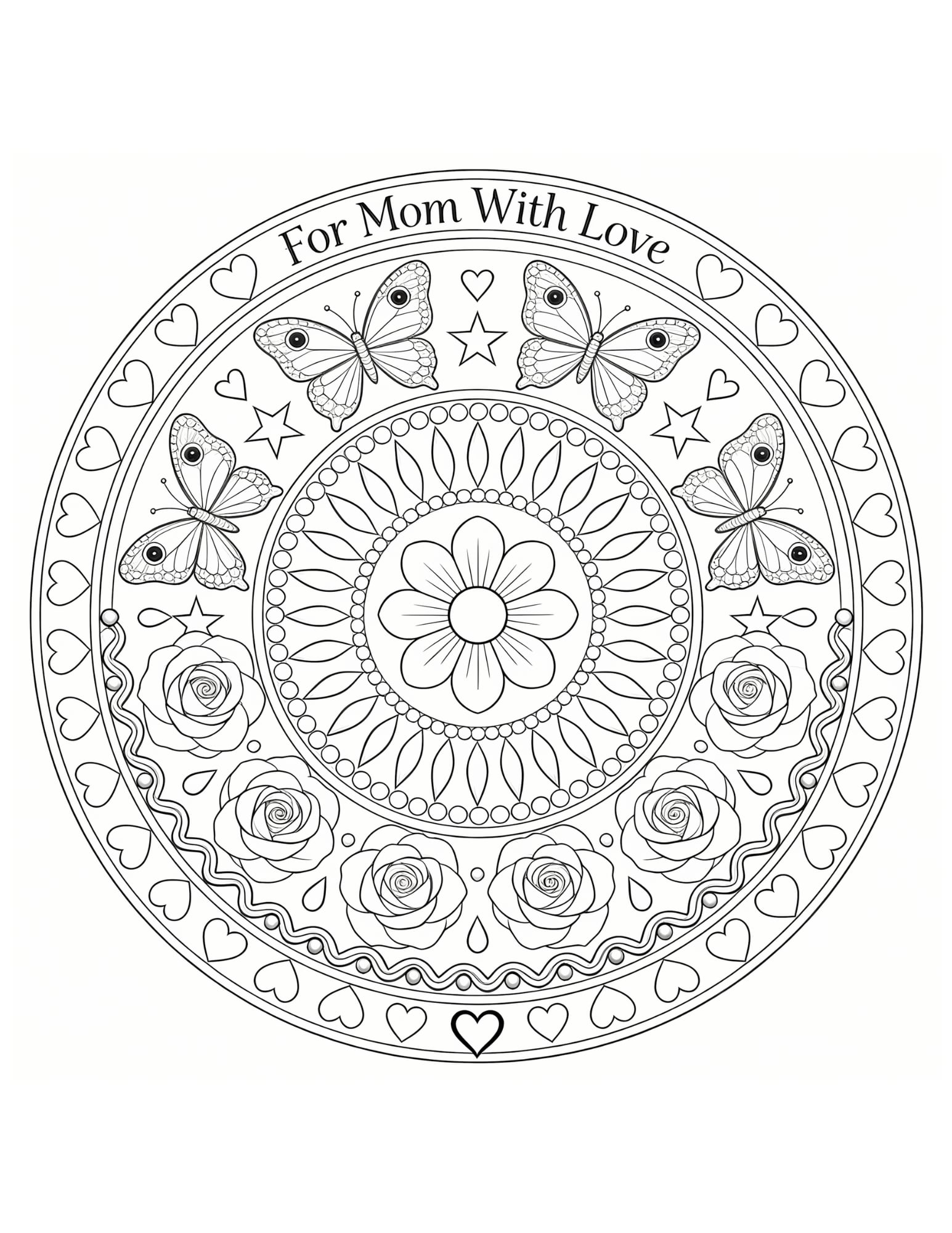Mothers Day Mandala Coloring Page — For Mom With Love - Black and White Coloring Page