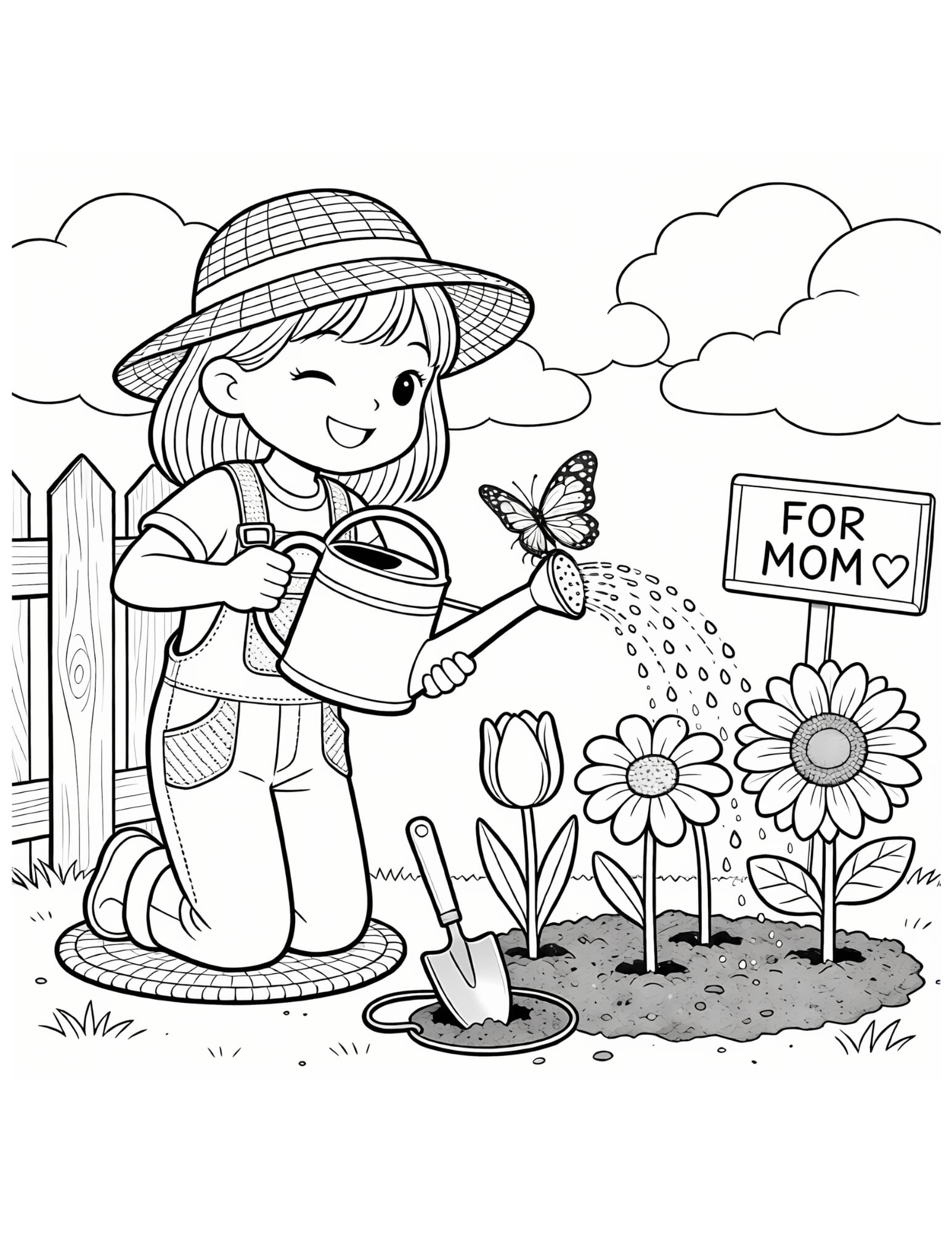 Gardening for Mom Coloring Page — Girl Watering Garden - Black and White Coloring Page