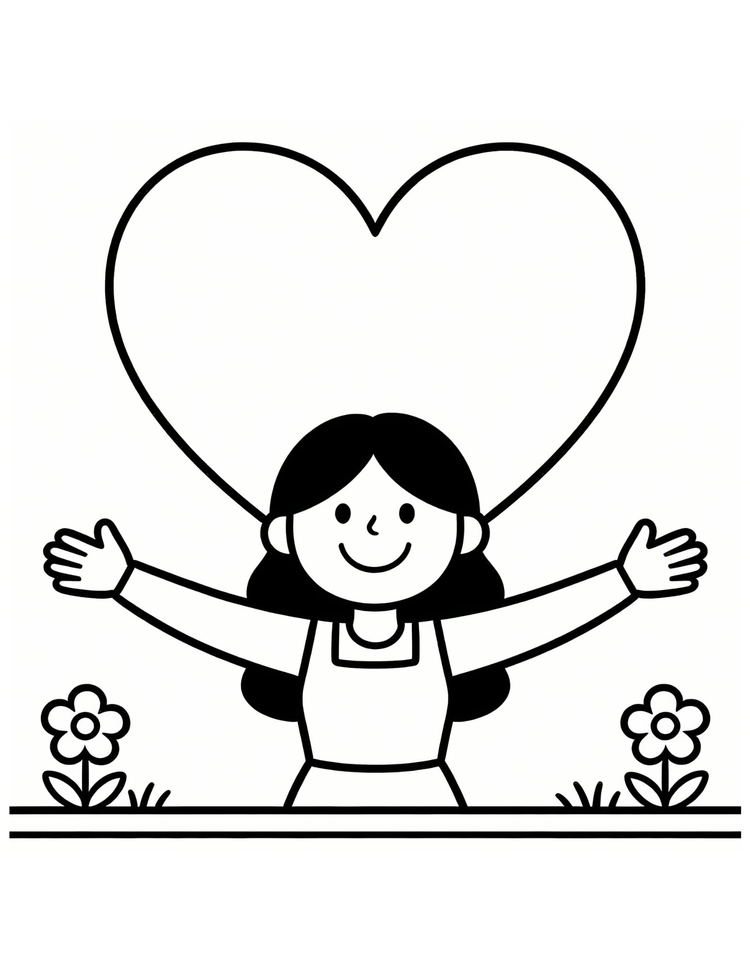Girl with Heart Coloring Page — Arms Out Inside Heart Frame - Black and White Coloring Page