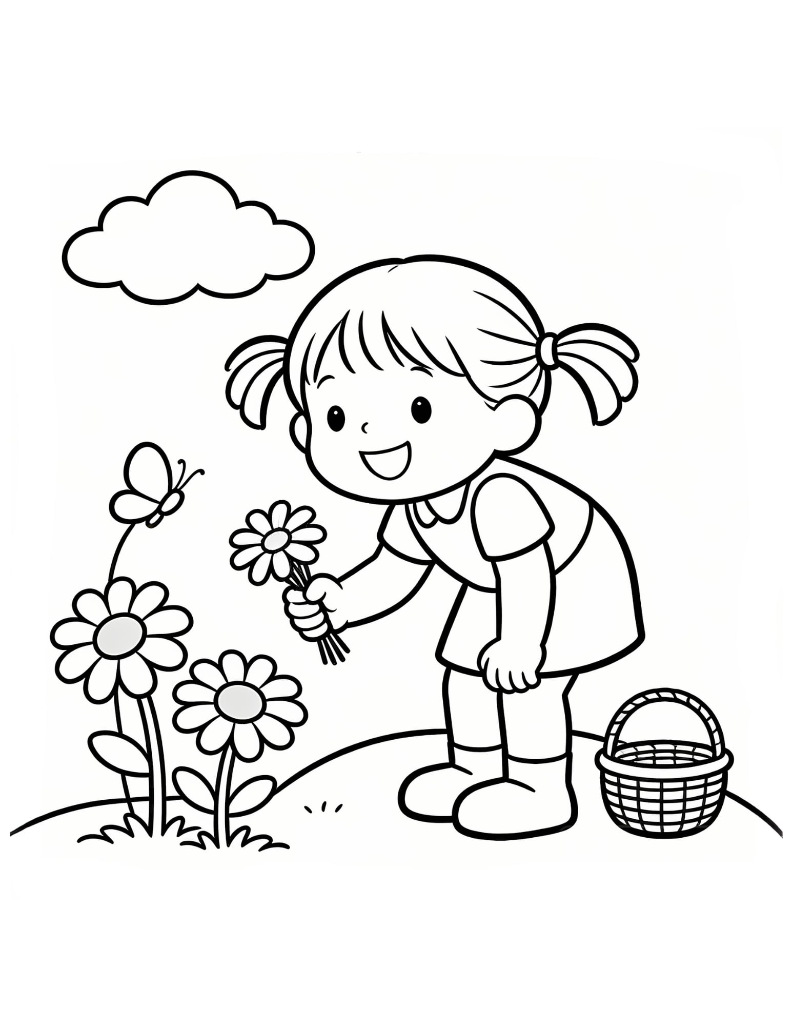 Girl Picking Flowers Coloring Page — Daisy Garden Scene - Black and White Coloring Page