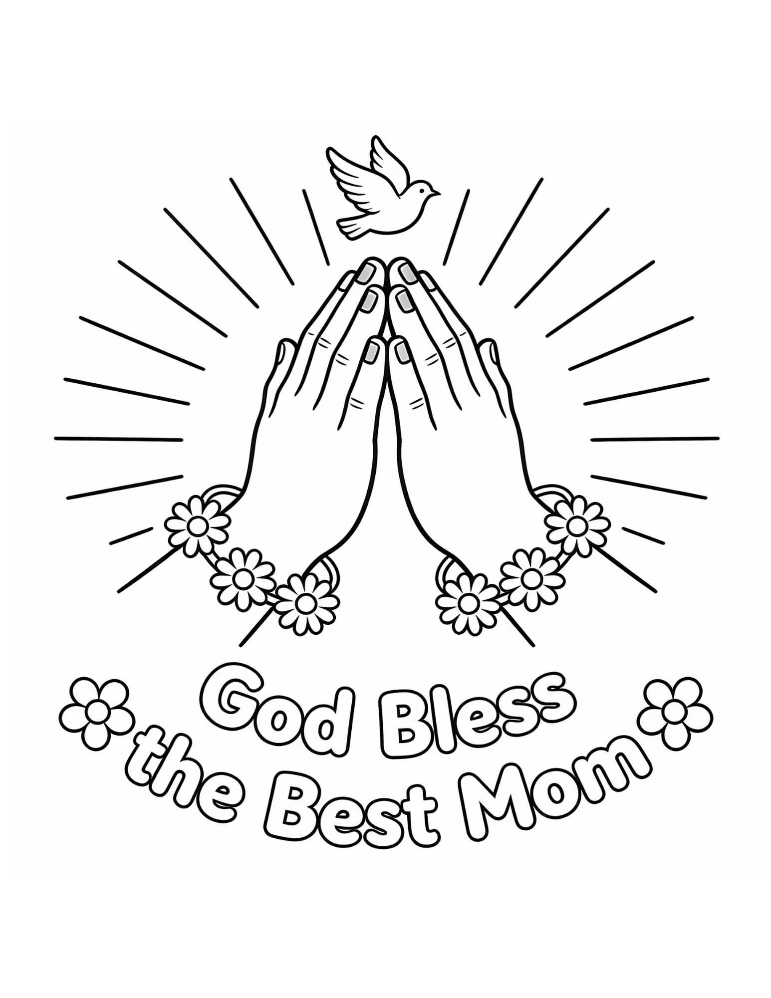 Religious Mothers Day Coloring Page — God Bless the Best Mom - Black and White Coloring Page