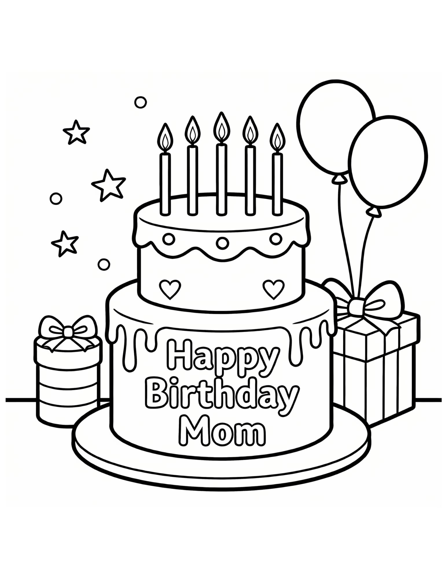 Happy Birthday Mom Coloring Page — Cake, Candles & Balloons - Black and White Coloring Page