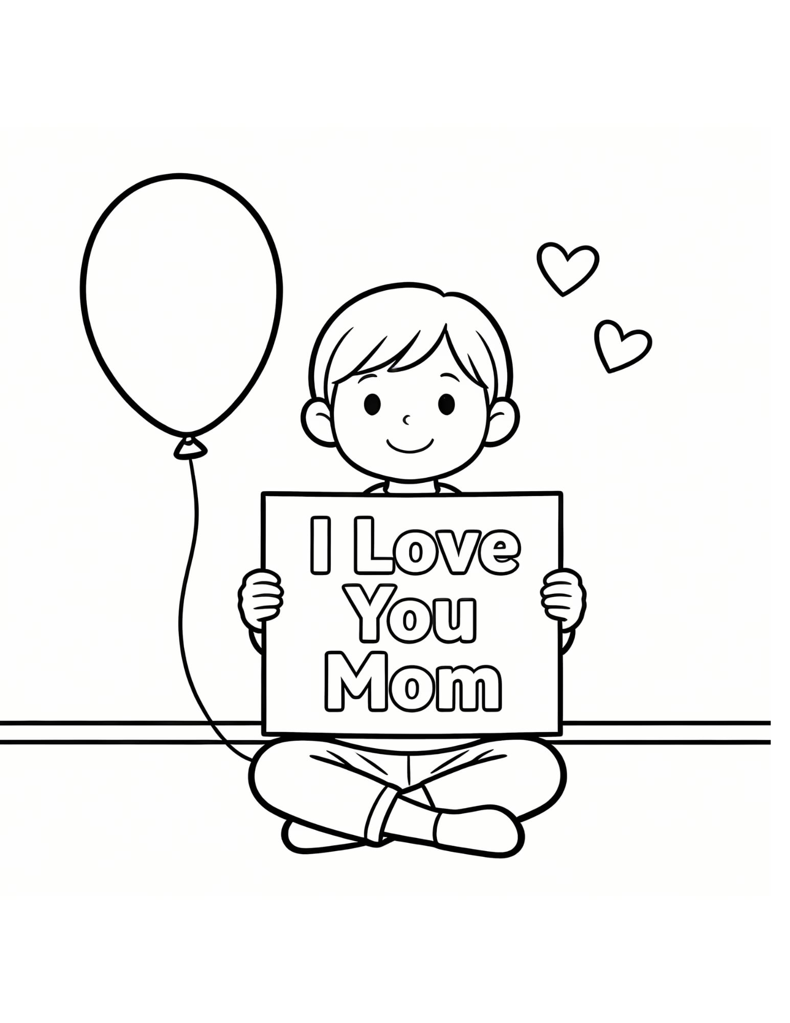 I Love You Mom Coloring Page — Boy with Sign & Balloon - Black and White Coloring Page