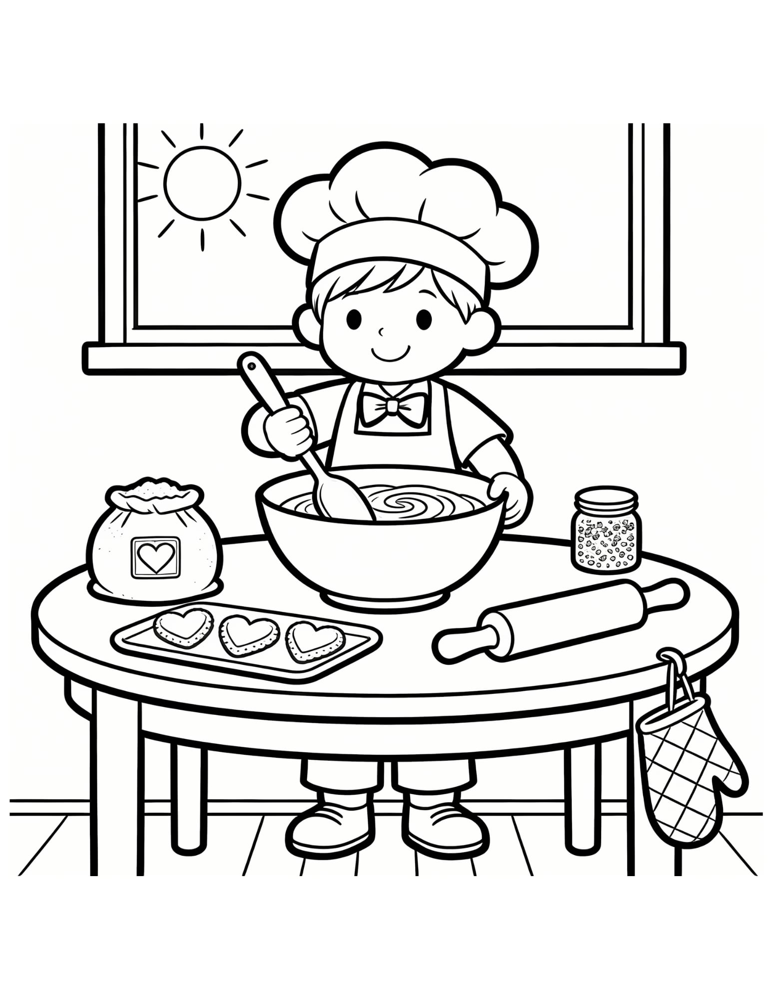 Mothers Day Baking Coloring Page — Kid Chef Making Cookies - Black and White Coloring Page