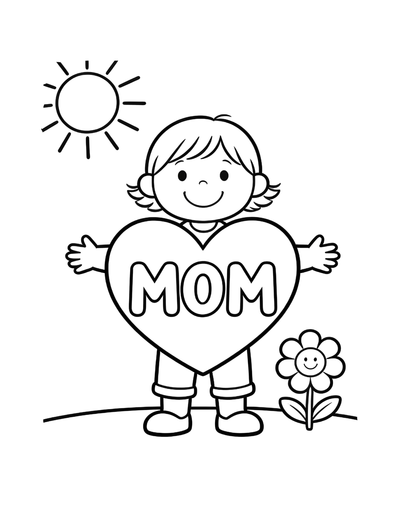 Mom Heart Coloring Page for Kids — Child Holding MOM Heart - Black and White Coloring Page