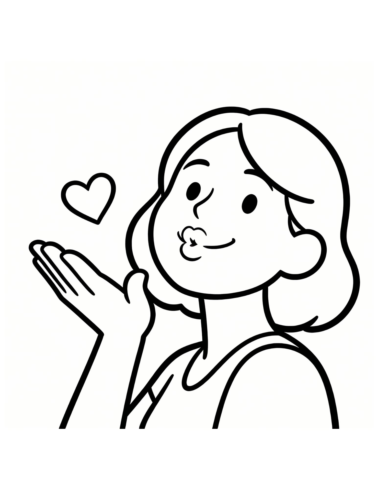 Mom Blowing Kiss Coloring Page — Portrait with Floating Heart - Black and White Coloring Page