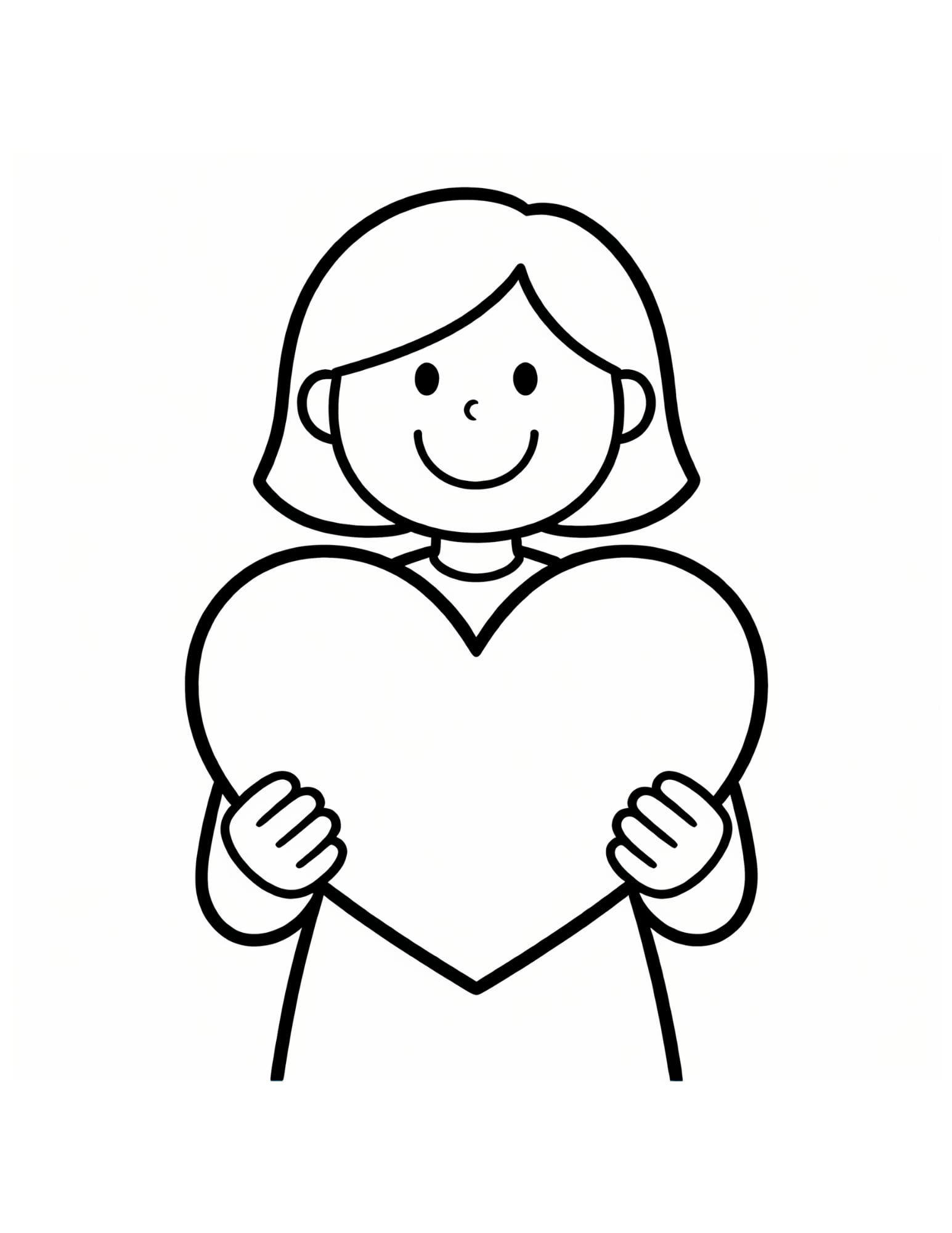 Mom Holding Heart Coloring Page — Smiling Woman with Heart - Black and White Coloring Page