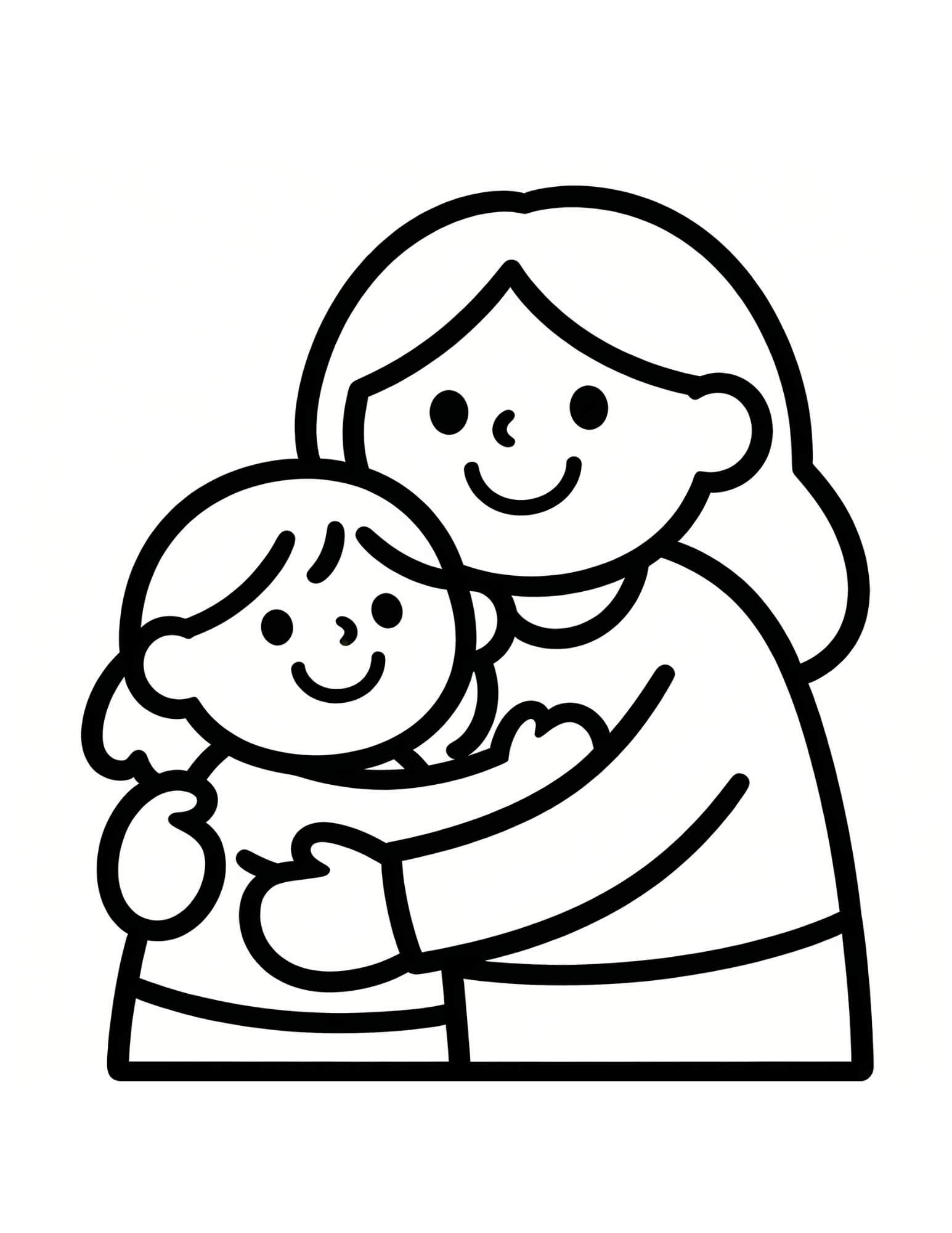 Mom Hugging Child Coloring Page — Warm Simple Line Art - Black and White Coloring Page