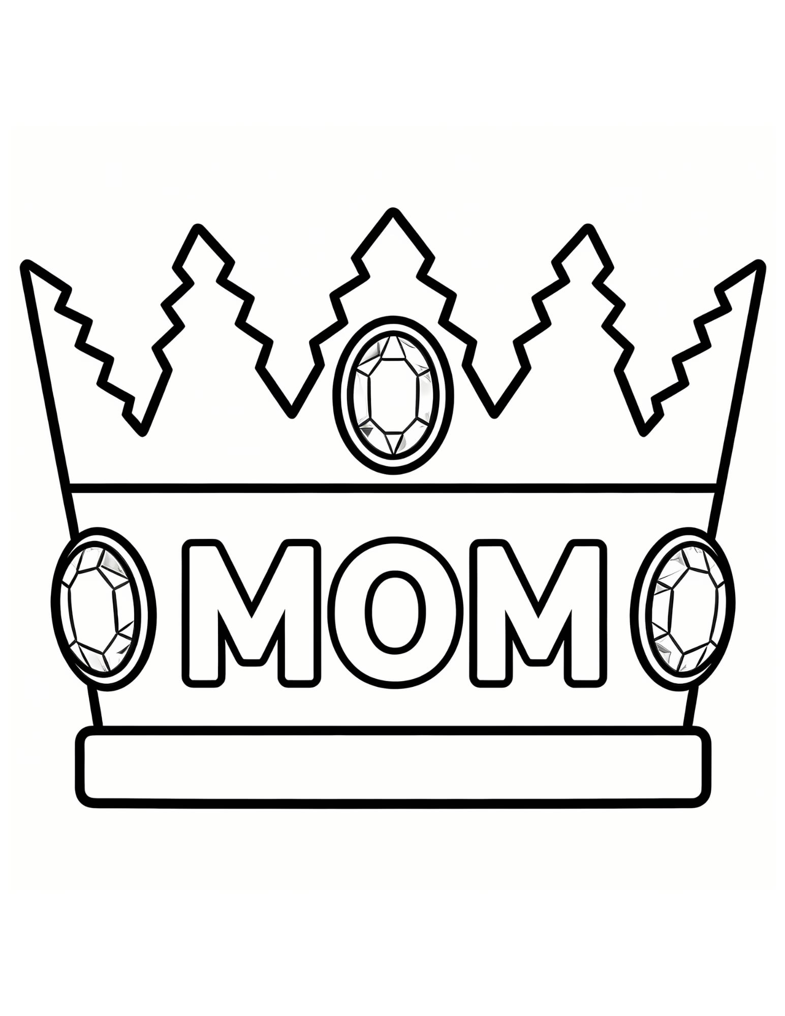 Mom Crown Coloring Page — Jeweled Queen Crown with MOM Badge - Black and White Coloring Page