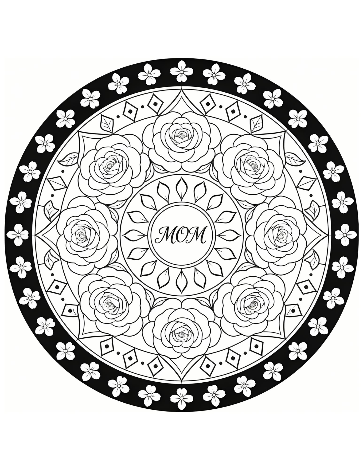 Mom Rose Mandala Coloring Page — Intricate Dark Floral Border - Black and White Coloring Page