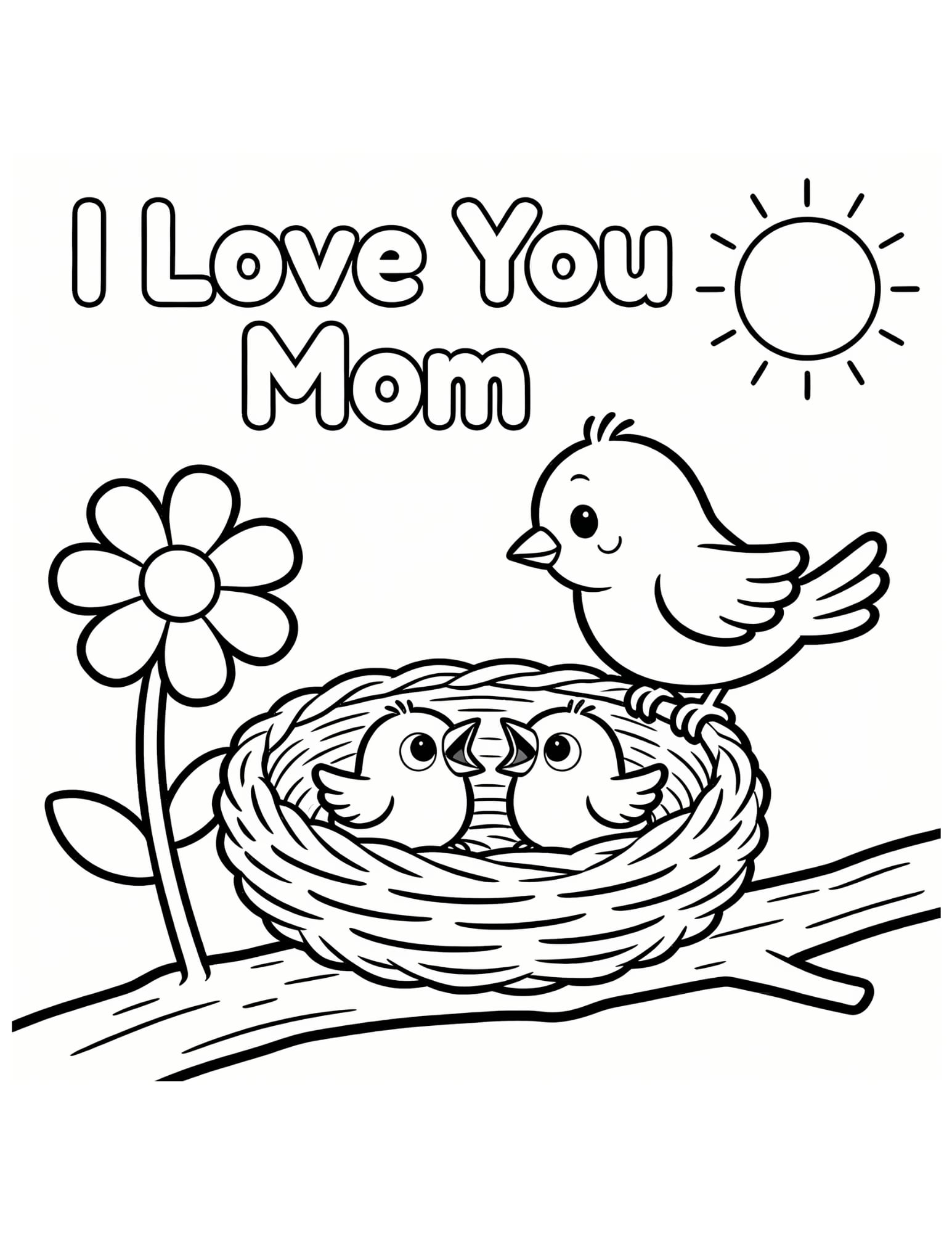 Mother Bird and Chicks Coloring Page — Nest with Chicks - Black and White Coloring Page