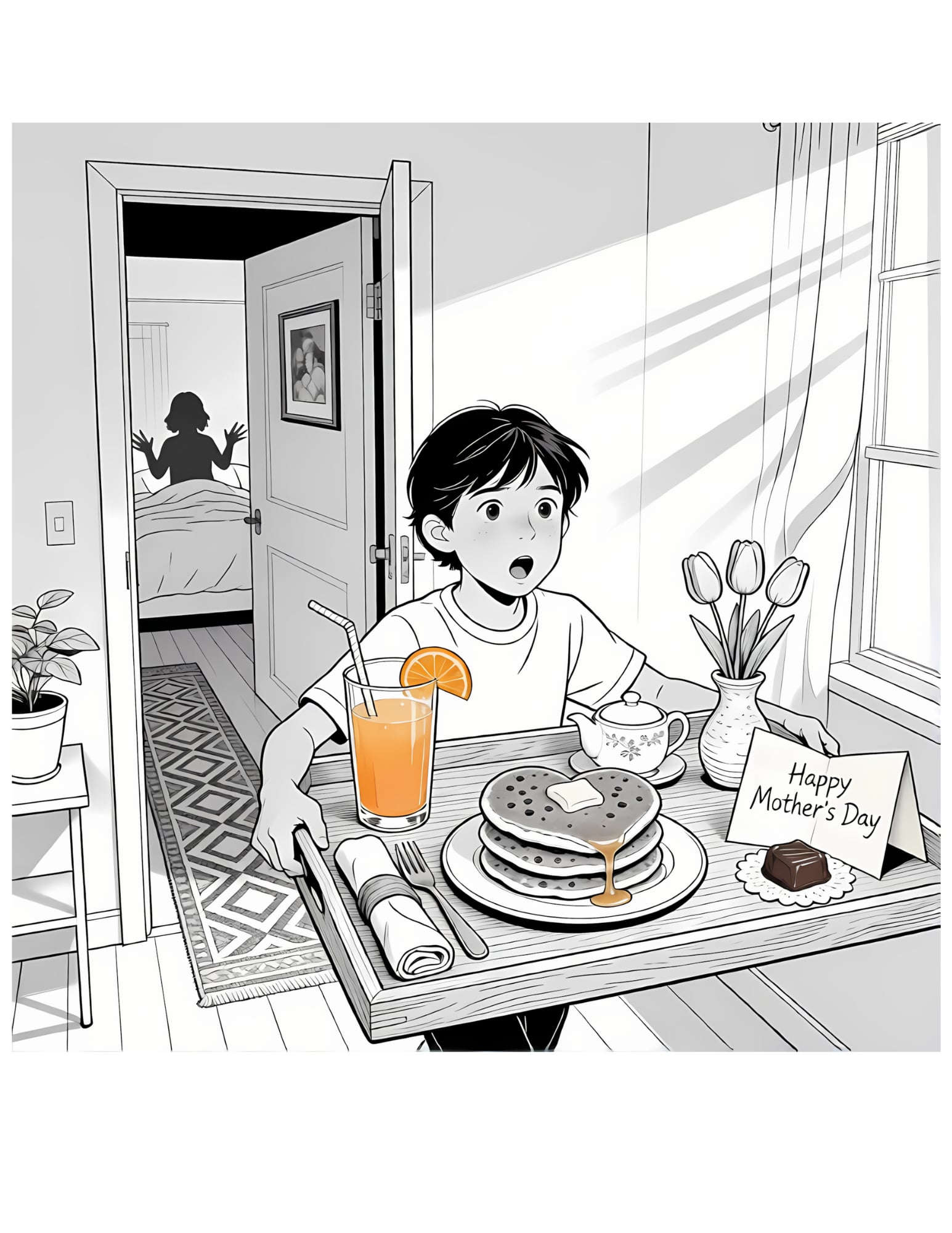 Mothers Day Breakfast in Bed Coloring Page — Detailed Scene - Black and White Coloring Page