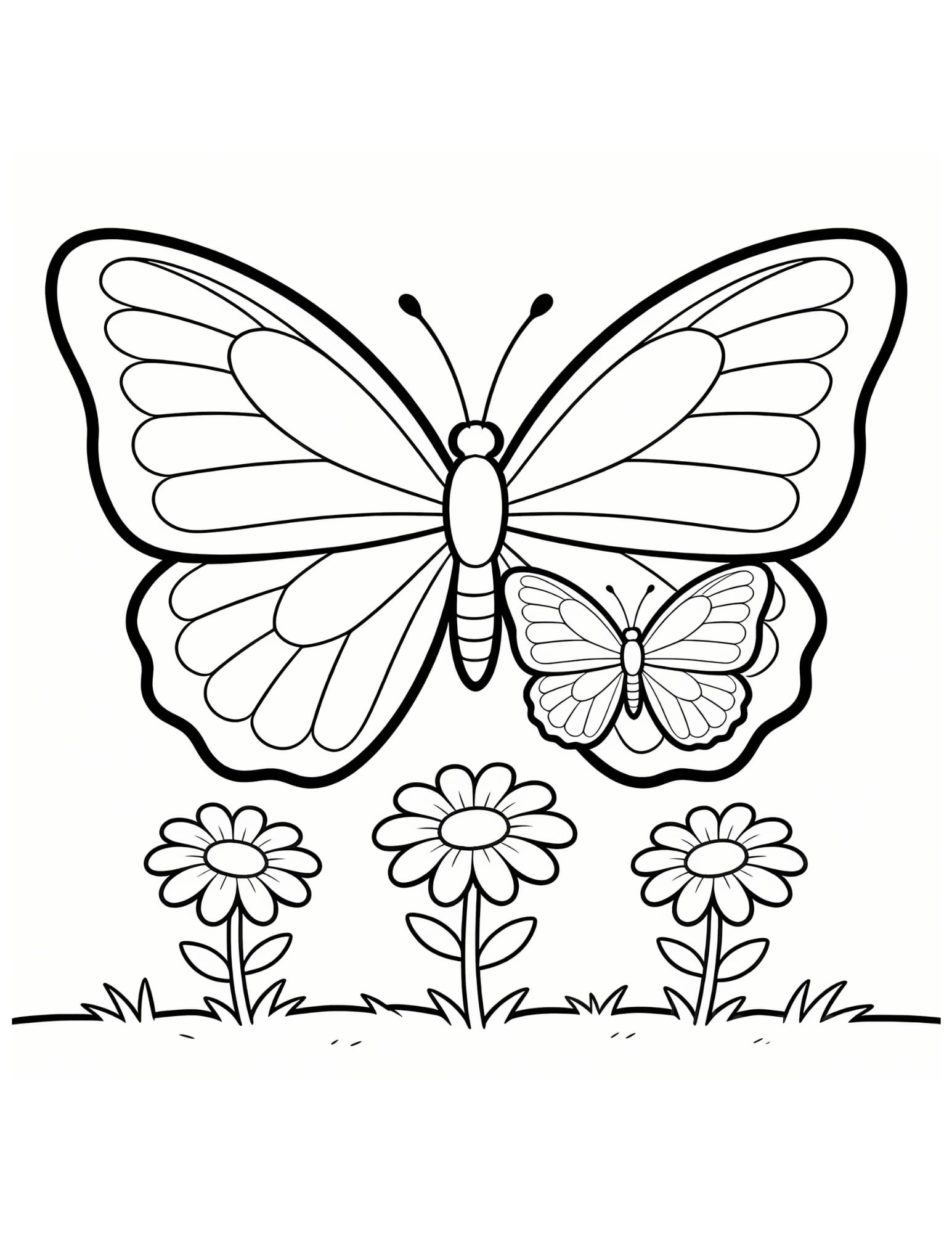 Mothers Day Butterfly Coloring Page — Butterfly with Daisies - Black and White Coloring Page