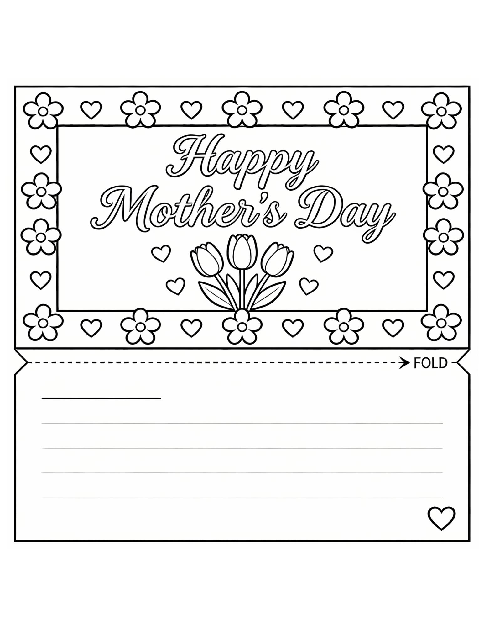 Mothers Day Coloring Card Printable — Foldable with Write-In - Black and White Coloring Page