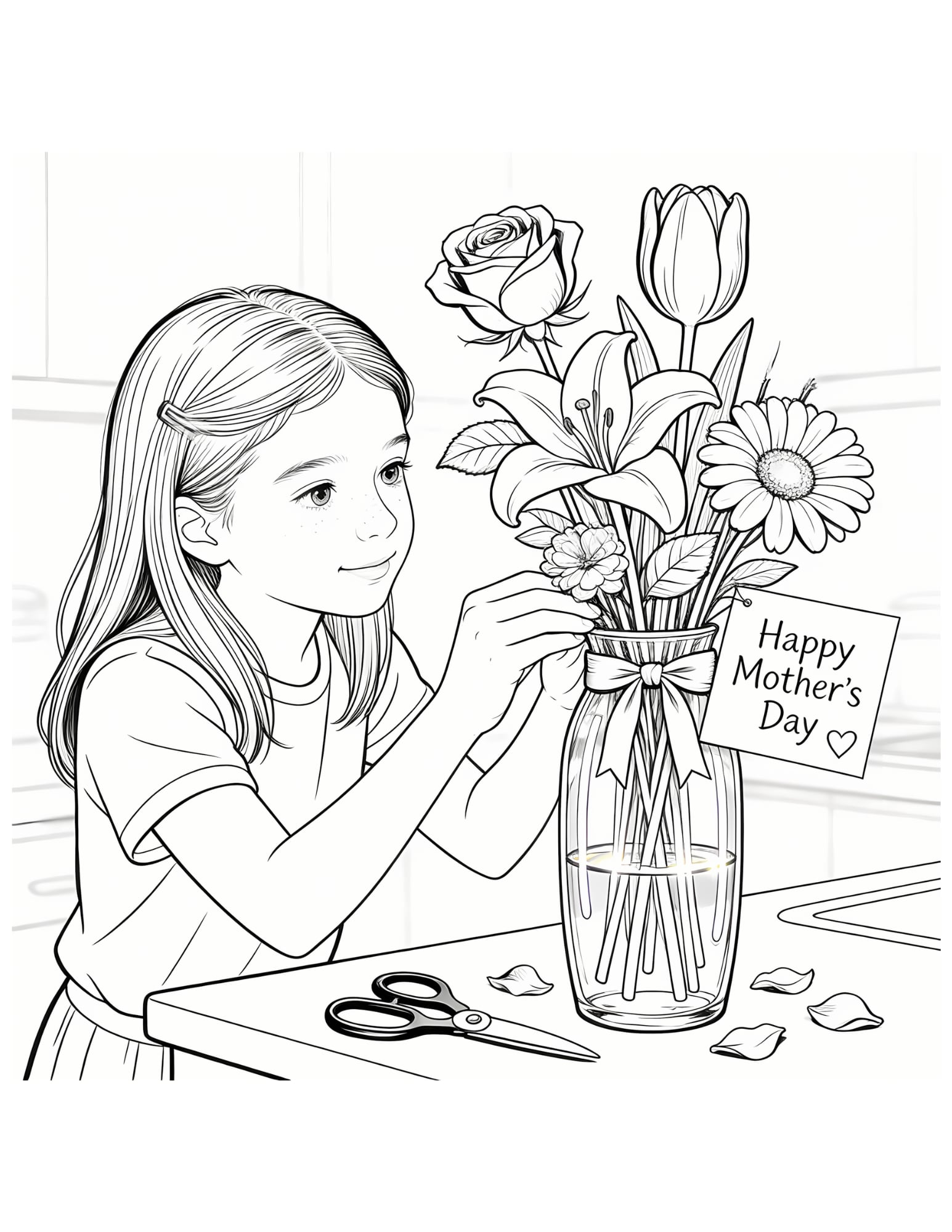 Mothers Day Flower Arrangement Coloring Page — Vase Scene - Black and White Coloring Page