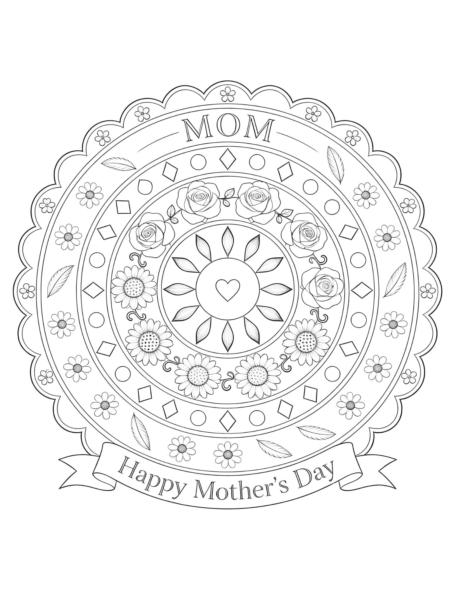 Mothers Day Mandala Coloring Page — MOM Medallion Design - Black and White Coloring Page