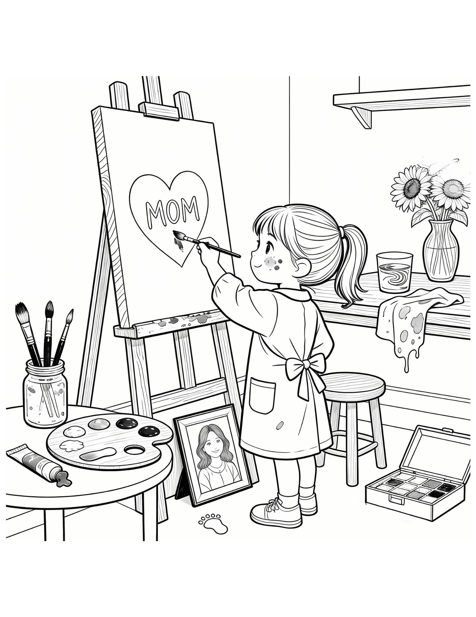 Mothers Day Art Coloring Page — Girl Painting MOM on Easel - Black and White Coloring Page