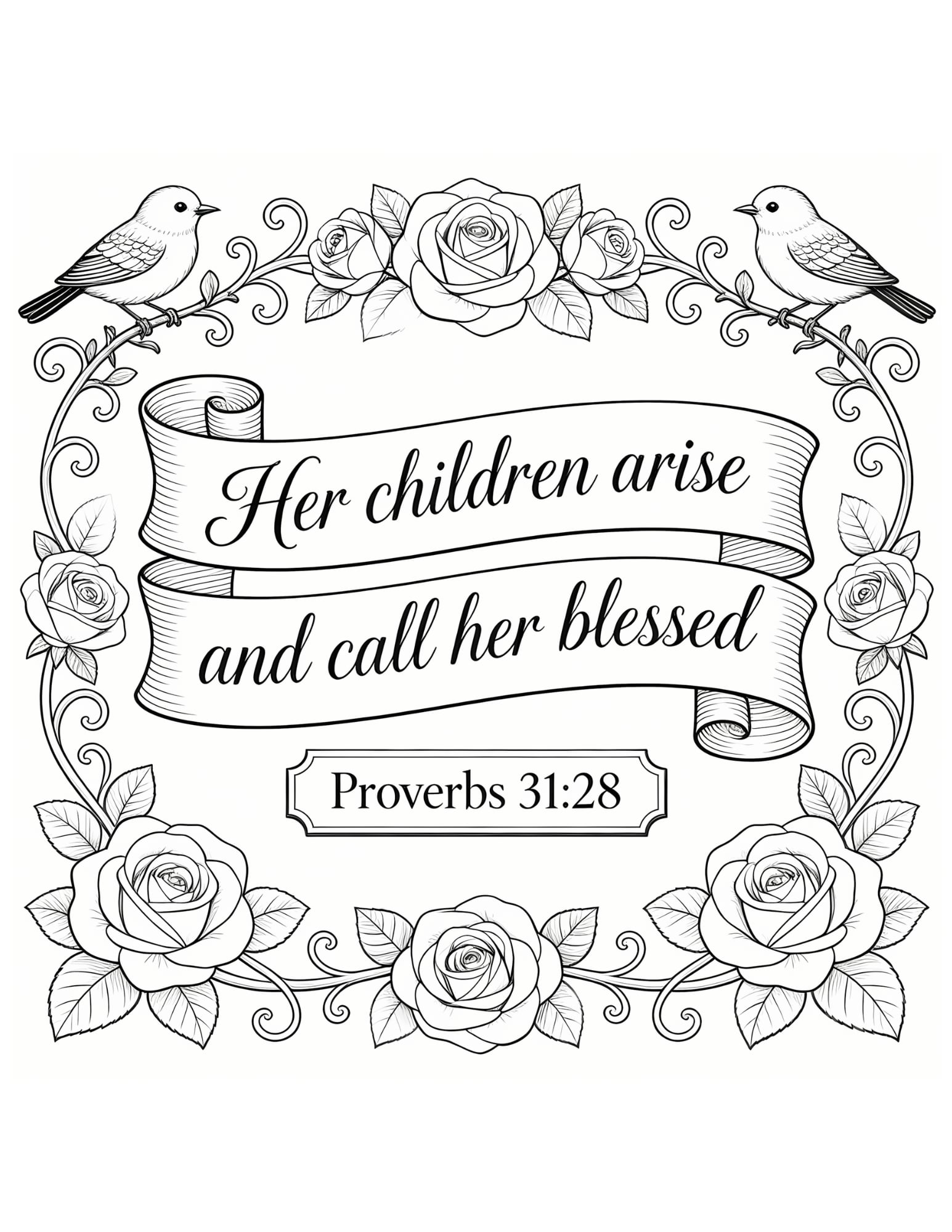 Mothers Day Bible Verse Coloring Page — Proverbs 31:28 - Black and White Coloring Page