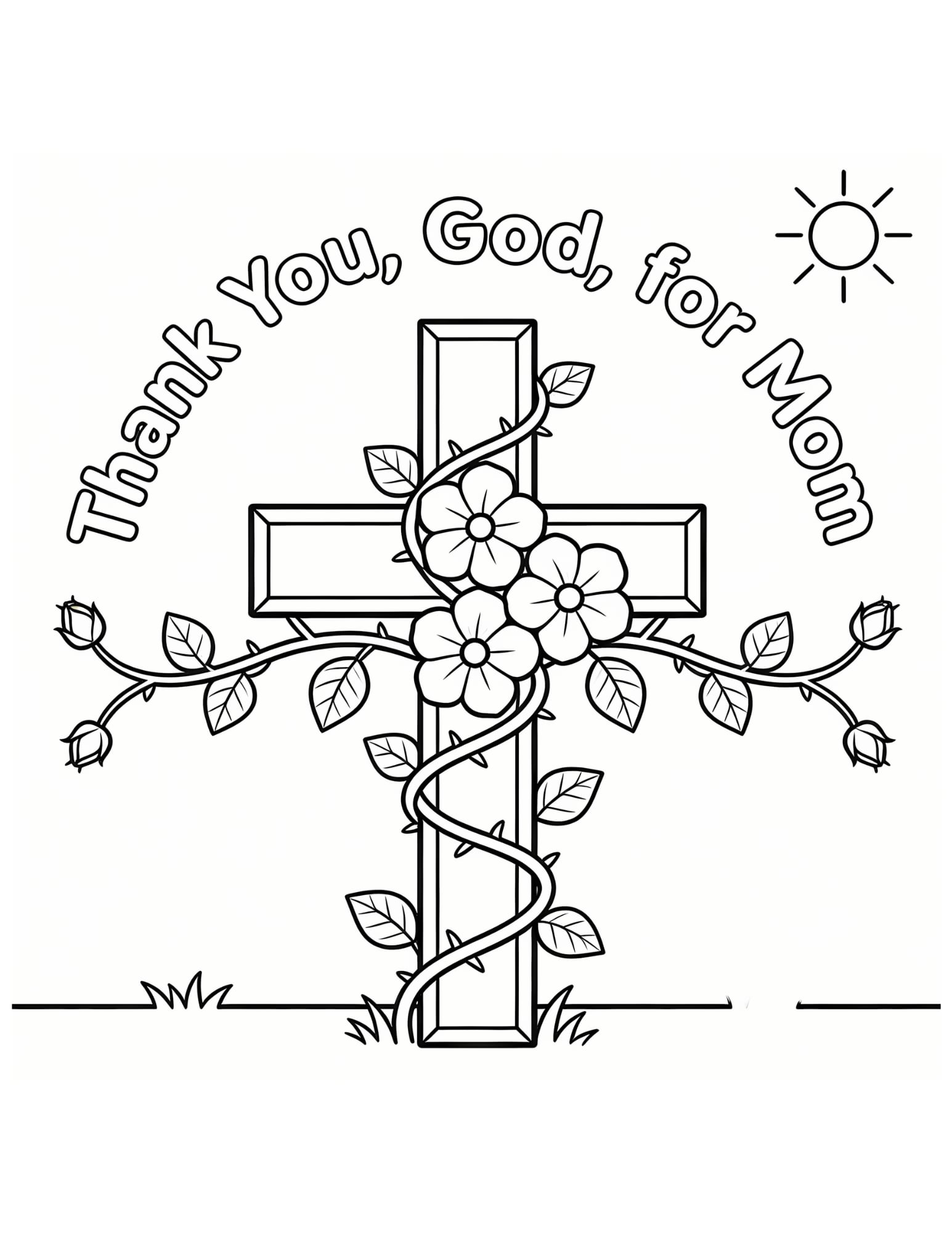 Christian Mothers Day Coloring Page — Cross with Flowering Vines - Black and White Coloring Page