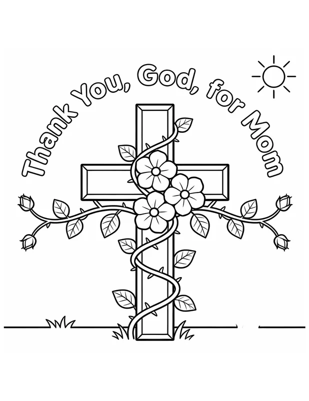 Christian Mothers Day Coloring Page — Cross with Flowering Vines