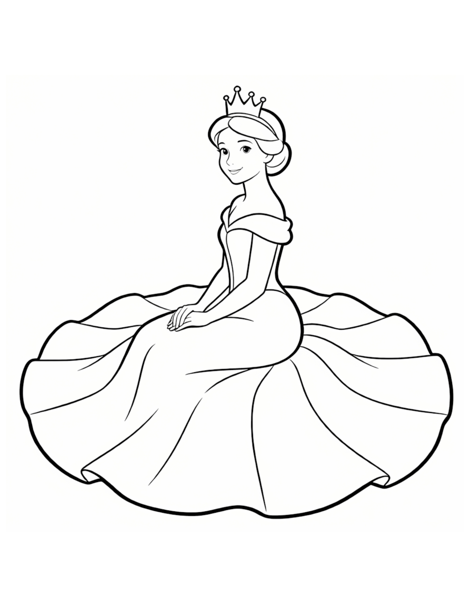 Elegant Princess Seated in a Grand Ball Gown - Black and White Coloring Page