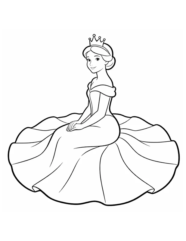 Elegant Princess Seated in a Grand Ball Gown Coloring Page