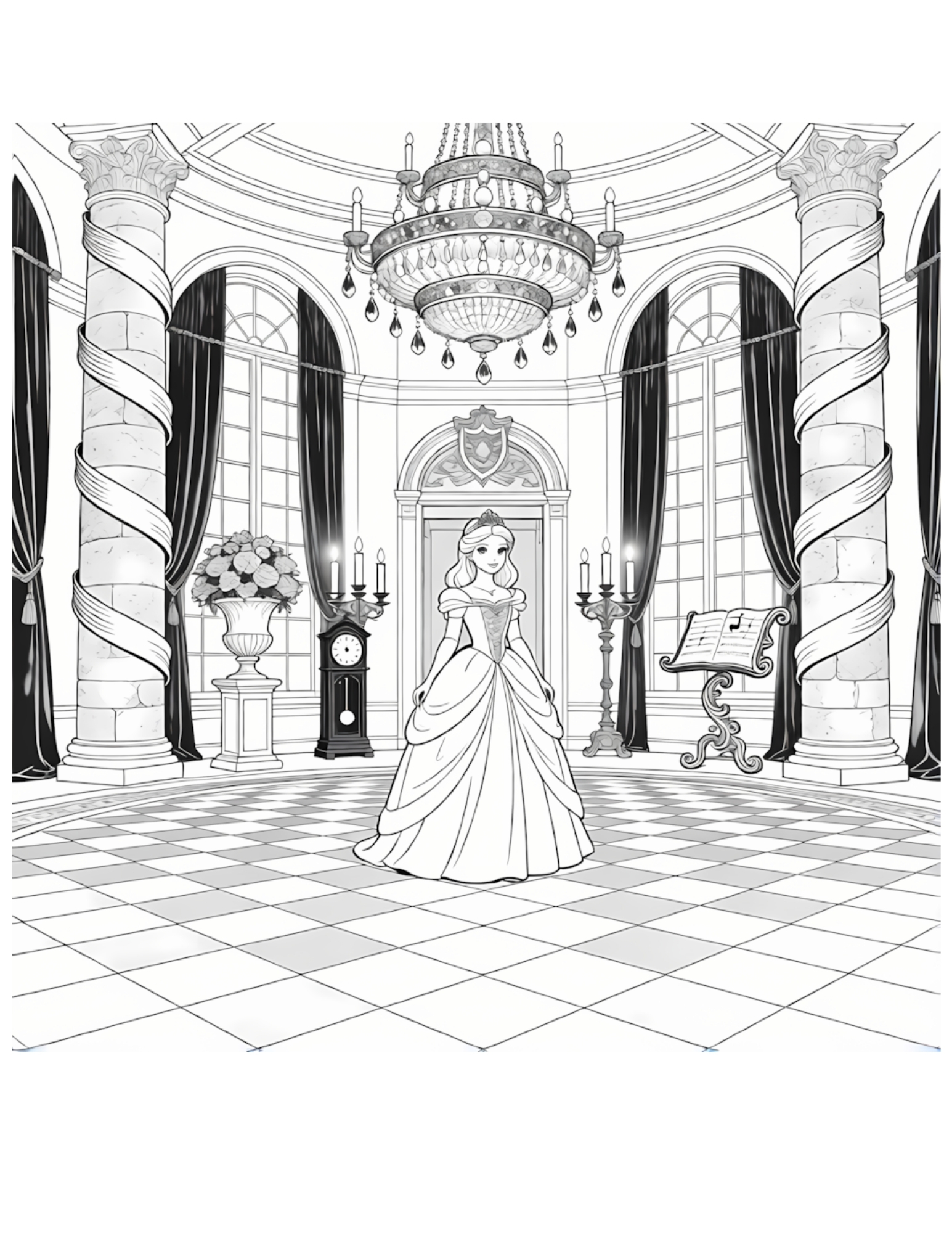 Princess Alone in a Grand Royal Ballroom - Black and White Coloring Page